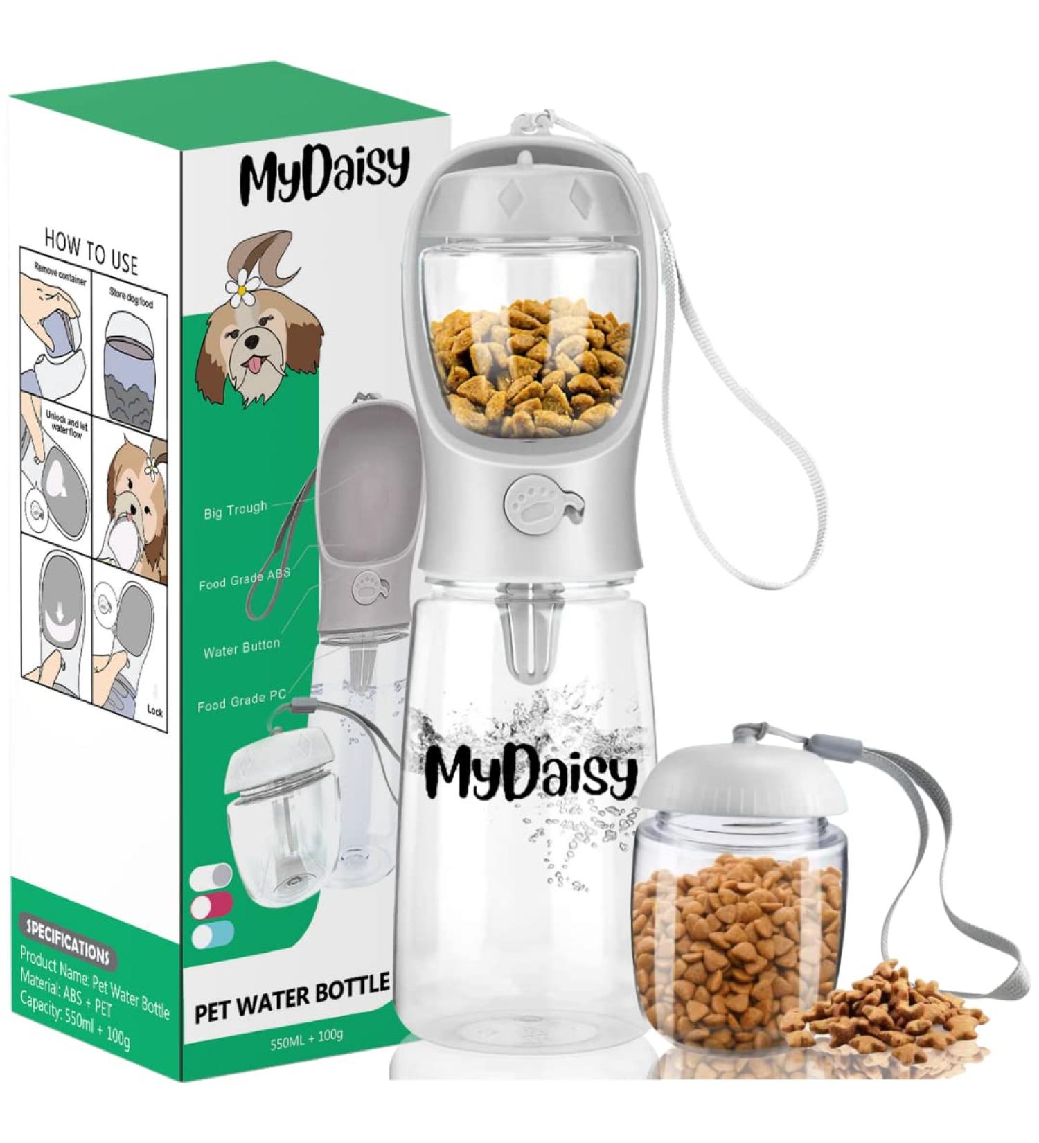 Mydaisy 550ml Spiral Drinking Bottle for Dogs & Cats - On-the-Go Pet Accessories with 100g Feed Container - Large Capacity Ideal for Puppies & Kittens - White - Buy Online on SooperMarket.com
