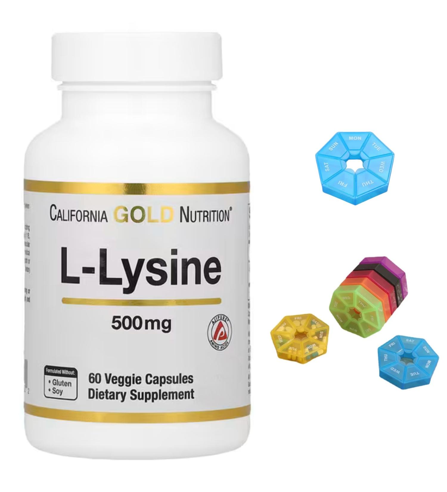 L-Lysine Compatible With California Gold Nutrition 500 mg 60 Veggie Capsules + Bonus Pill Organizer Weekly Pill Organizer Mini - Buy Online on SooperMarket.com