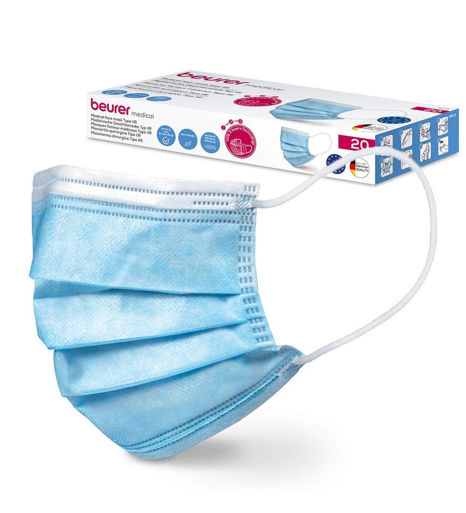 Buy Beurer MM 15 Type IIR Medical Face Masks - 3-Layer Protection Made in EU 20 Pieces | International Shipping Available - Buy Online on SooperMarket.com
