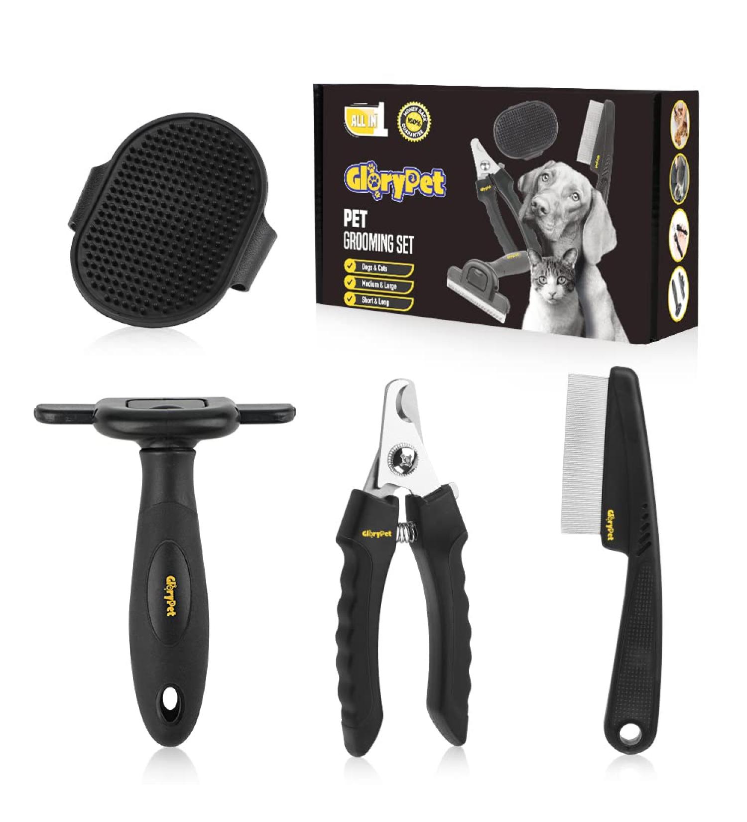 GloryPet 4 in 1 Professional Pet Grooming Kit: Brush, Deshedding Tool, Nail Clippers & Dematting Comb for Dogs/Cats - Long & Short Hair, Medium & Large Breeds (Black) - Buy Online on SooperMarket.com