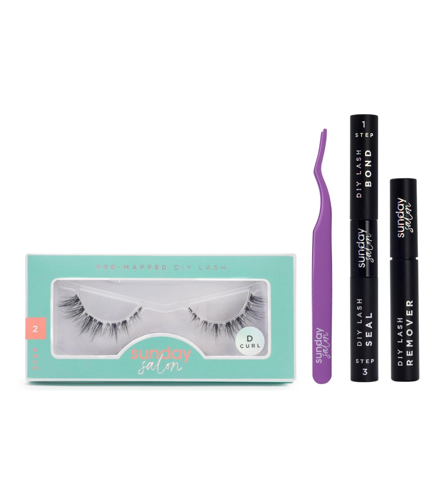 Sunday Salon Cat-Eye Hybrid DIY Lash Extension Set | D-Curl | Expert Bond & Seal Included | Up to 7 Days Wear | 1x Applicator Included | Removal Solution Included Bond & Seal and Remover with Applicator (Hybrid Cat Eye)