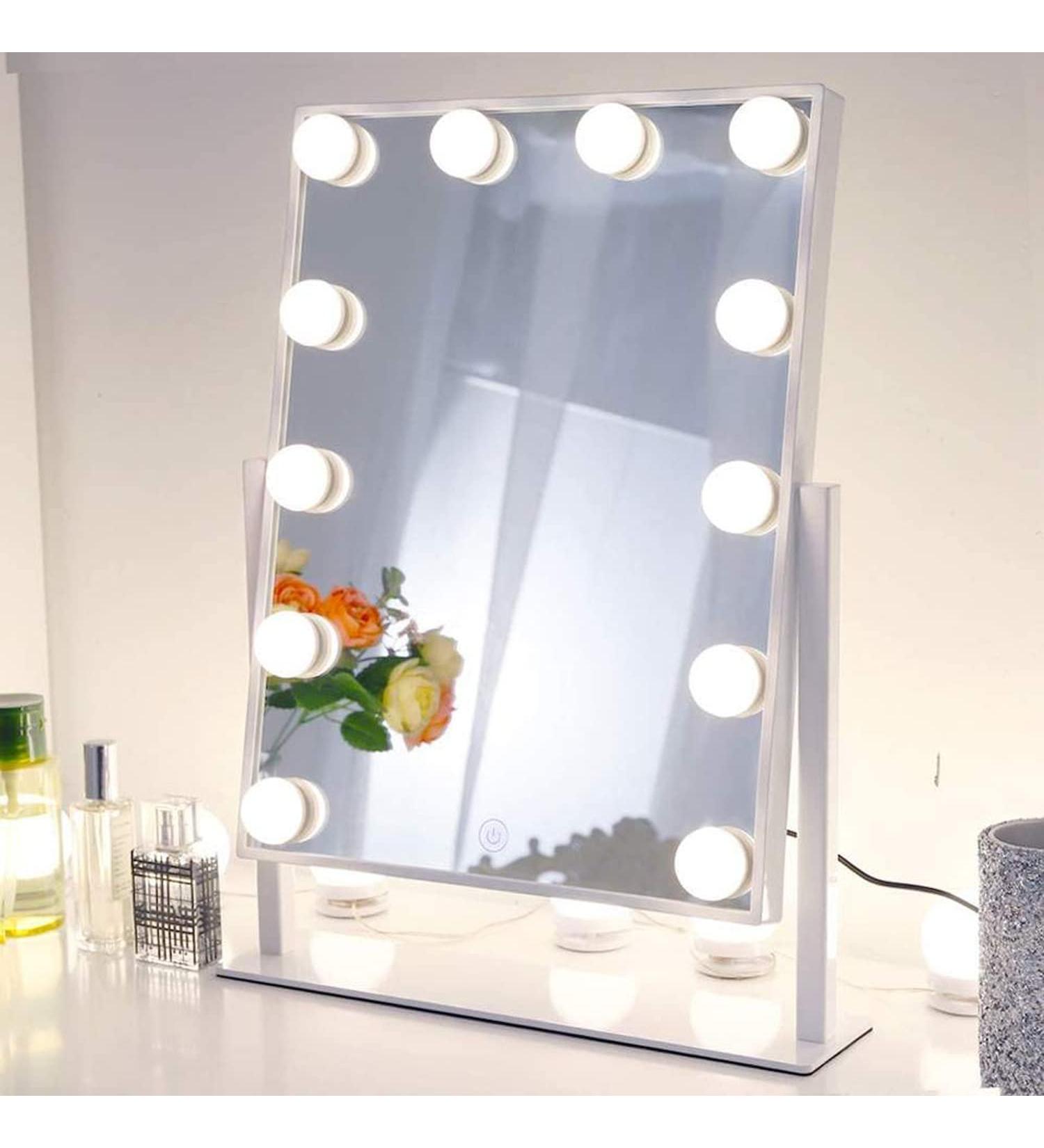 QYzblbang LED Vanity Mirror with Lights - Hollywood Lighted Makeup Mirror for Desk, Touch Control 3-Color Dimmable Smart Mirror, 12 Bulbs, 360 Rotation - Square - Buy Online on SooperMarket.com