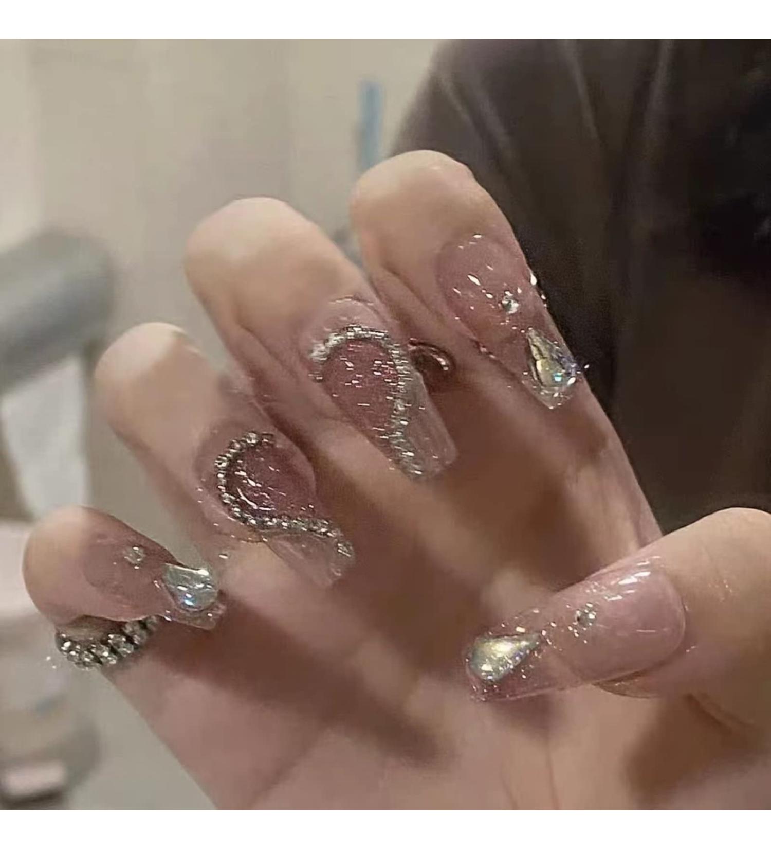 24Pcs Coffin Shape Press on Nails with Rhinestone French Designs - Medium Length Fake False Nails Ballet Nail Kit for Women and Girls - Buy Online on SooperMarket.com