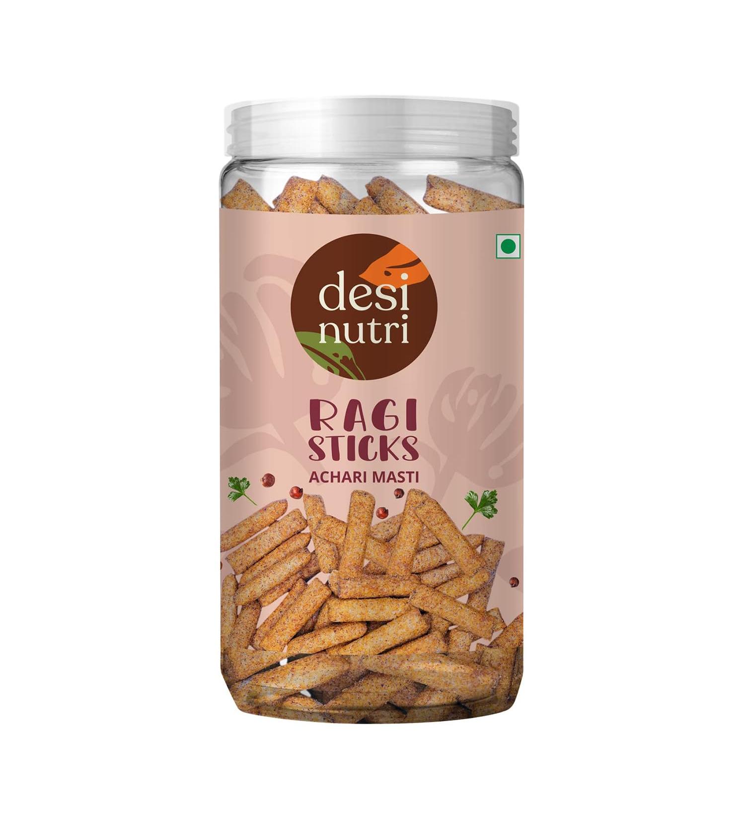 Desi Nutri Ragi Sticks Achari Masti | Ready to Eat Ragi Sticks Achari Masti | Snacks | Ragi Sticks Achari Masti - 120 GMS | Rich in Iron & Protein - Buy Online on SooperMarket.com
