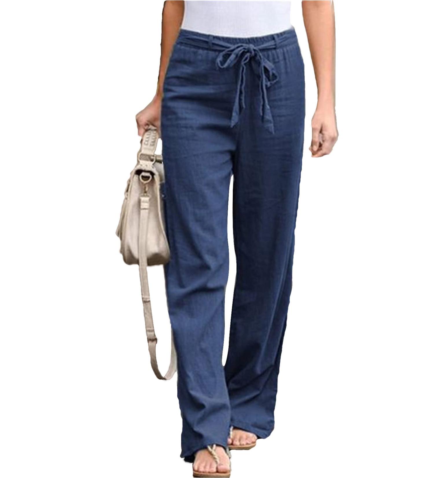 LAIJOJIO Women's Linen Pants - Lightweight Casual Drawstring Elastic Waist Wide Leg Trousers with Pockets (Dark Blue, Small) - Buy Online on SooperMarket.com