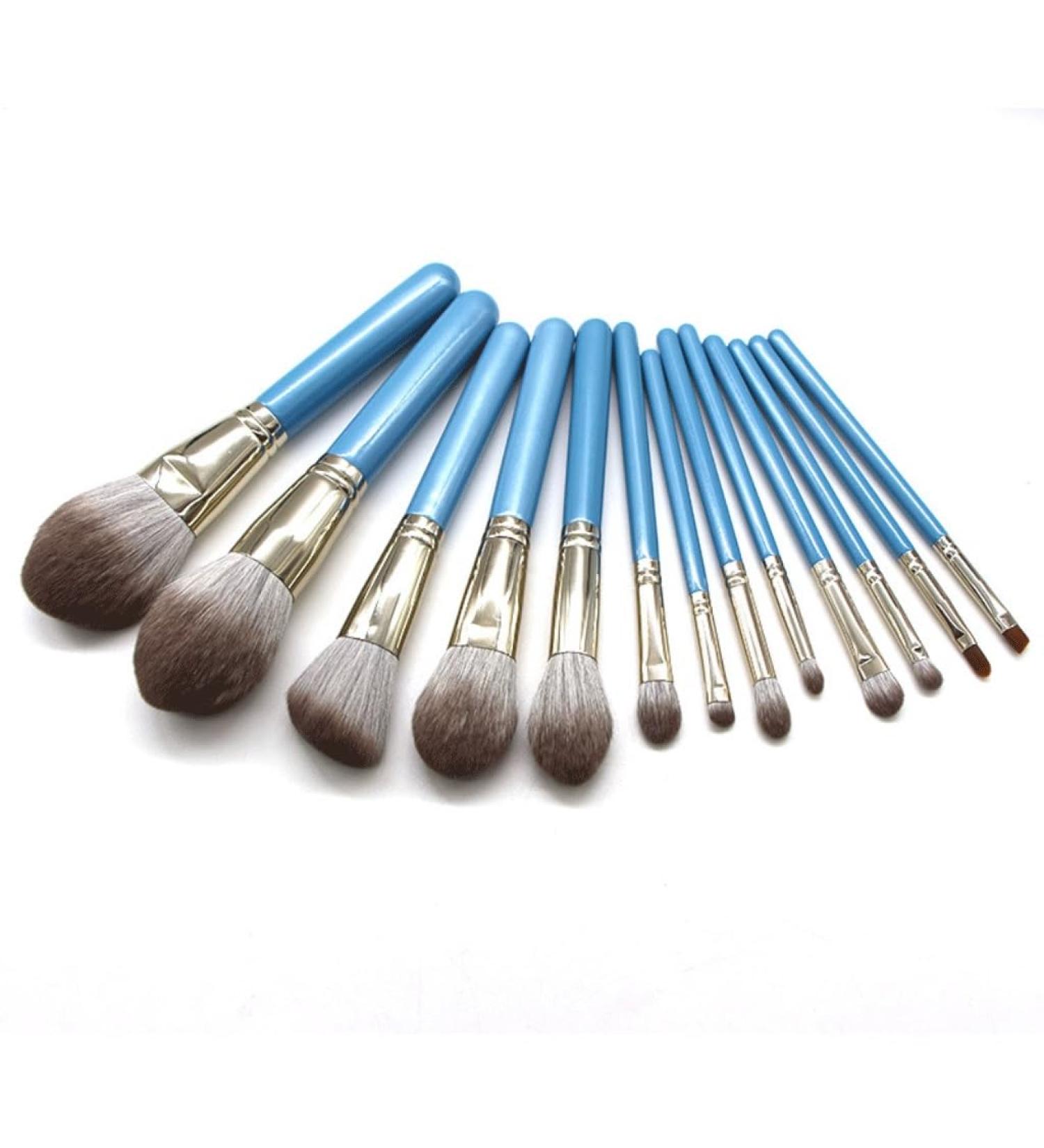 13-Piece High-End Makeup Brush Set - Granny Gray Solid Wood Handle & Blue Accents | International Shipping - Buy Online on SooperMarket.com