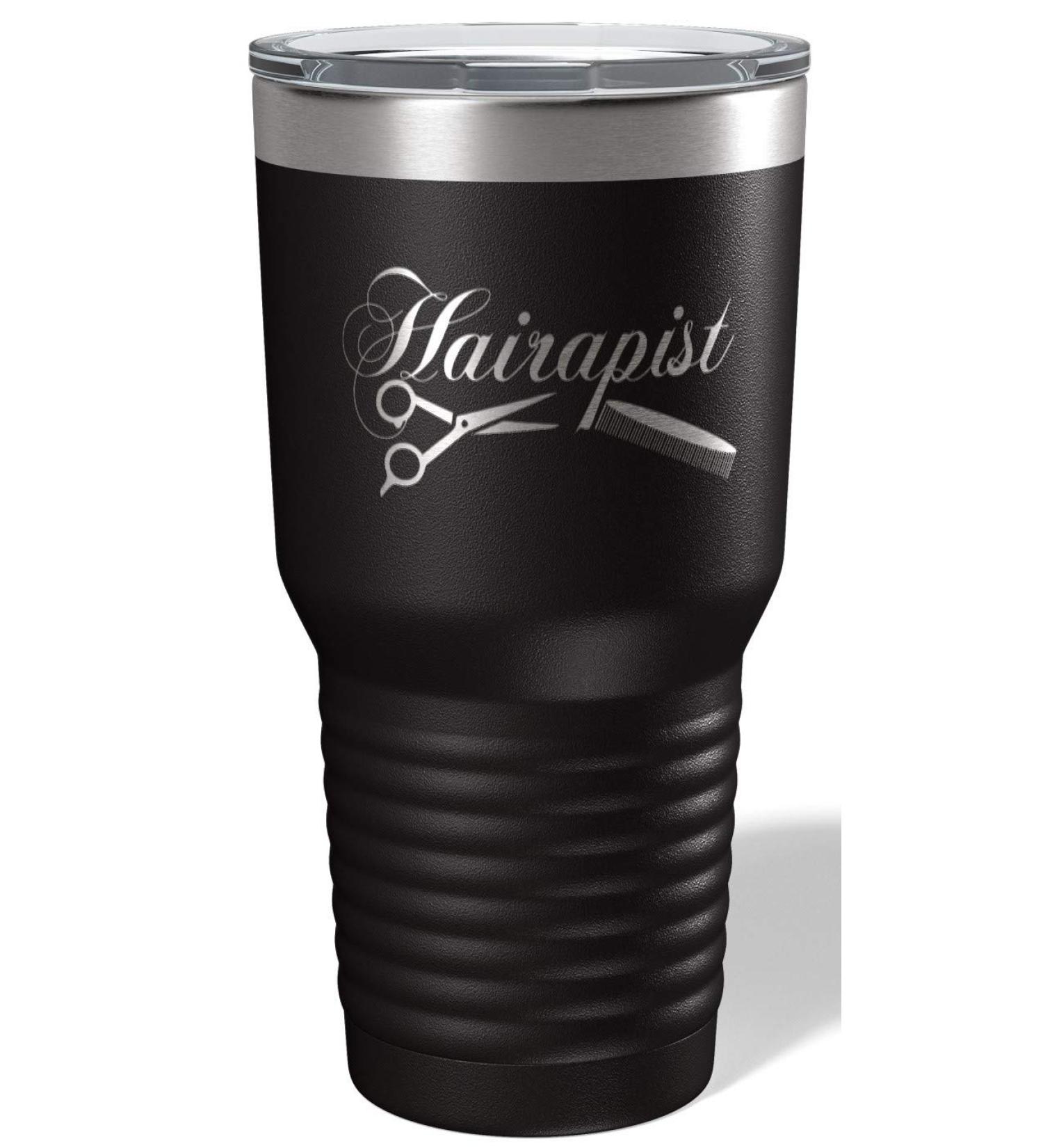 IE Laserware Hairapist in Black for your stylist hairdresser or barber. 30 oz Double Wall Vacumm Isulated Sweat Free with lid keeps drinks cold for 24 hours