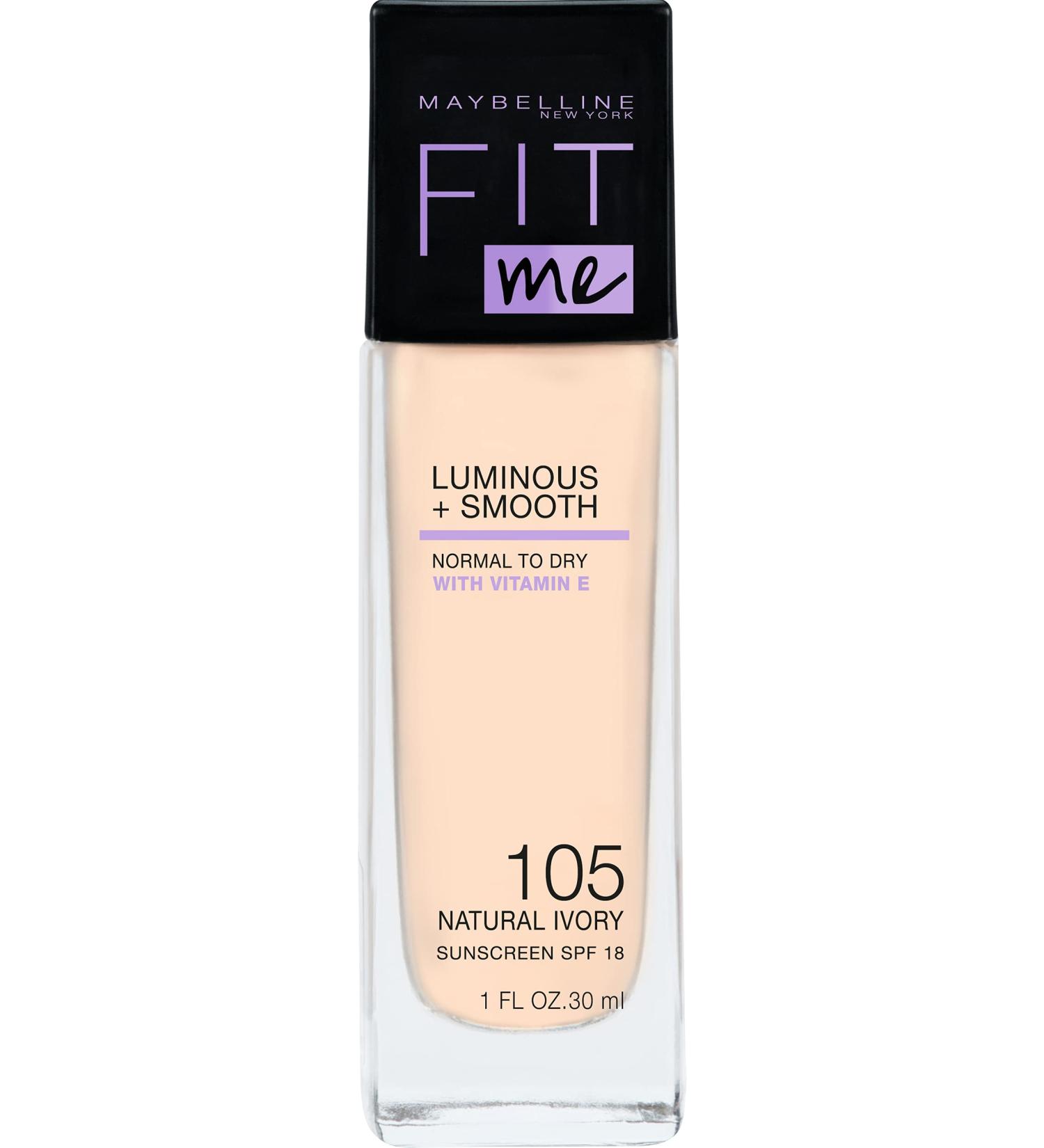 Maybelline New York Fit Me!Liquid make-up No. 105 Natural Ivory liquid make-up foundation that adapts to the skin tone natural finish light glow 30 ml (1 Pack) 105 light
