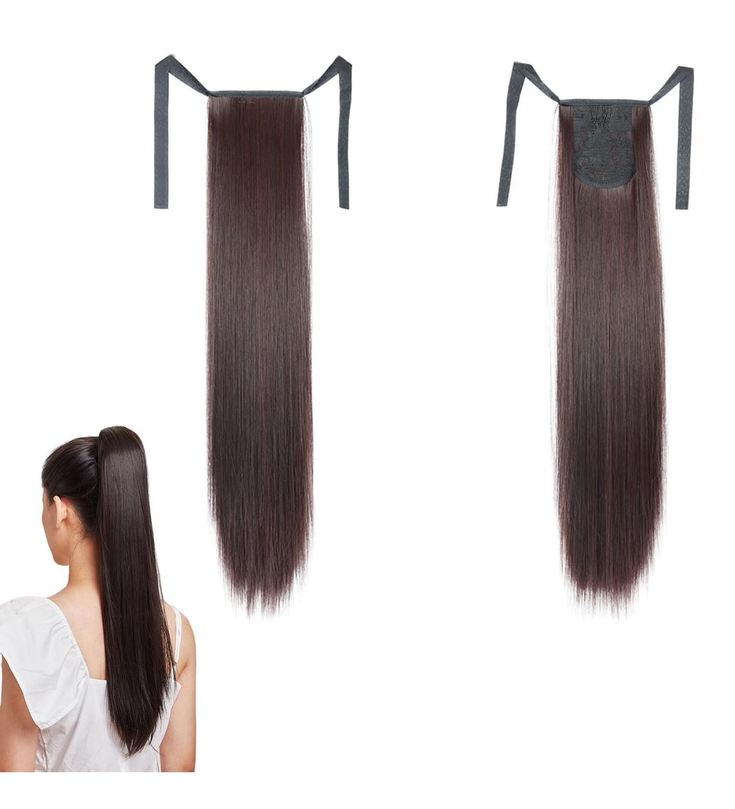 Prinfantasy Dark Brown Straight Ponytail Extension | 22 Inch Wrap-around Synthetic Hairpiece - Buy Online on SooperMarket.com