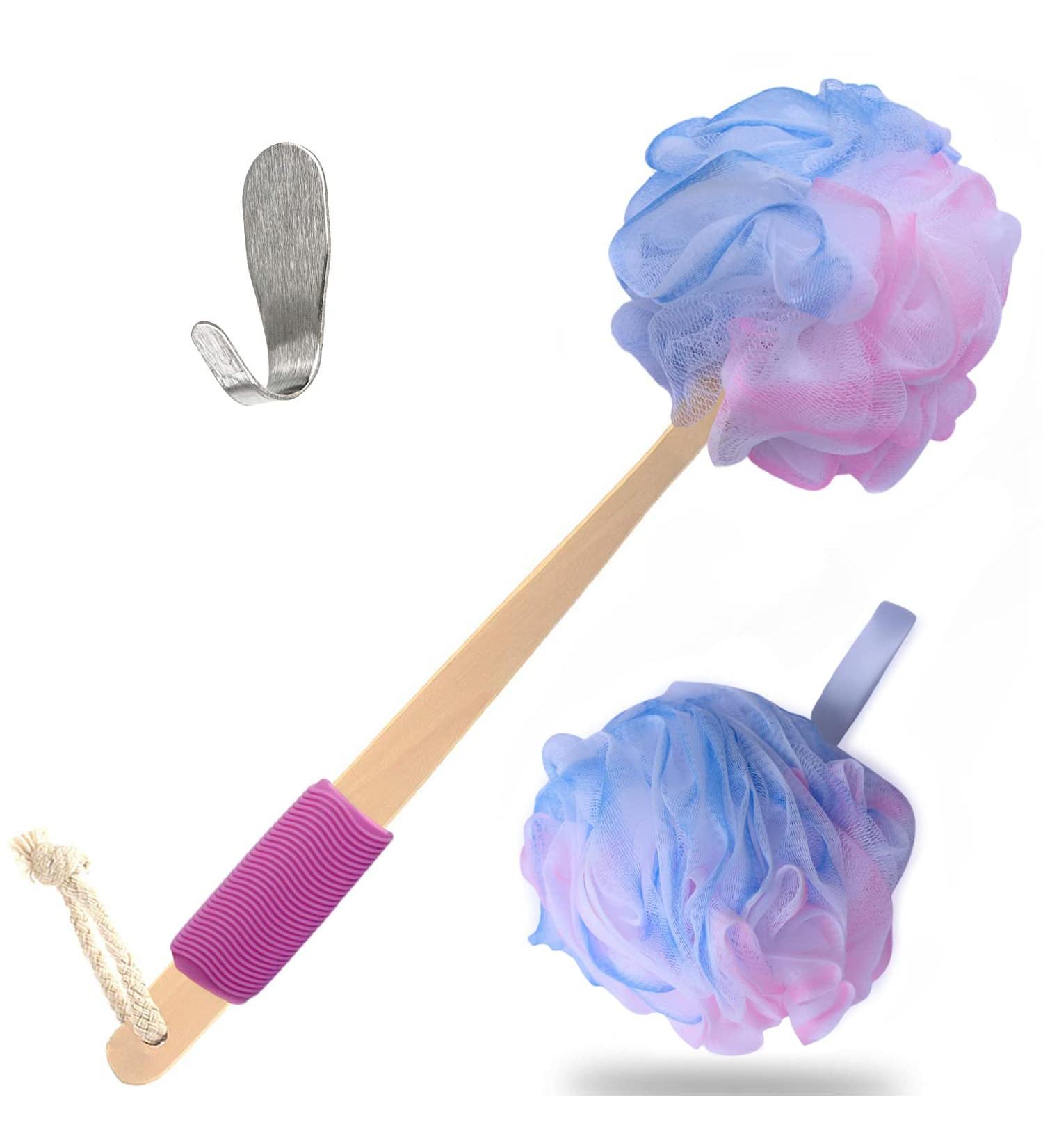 Loofah Back Scrubber - Bamboo Charcoal Fiber Bath Sponge Set for Men & Women - Includes Handle & Hook - Pink - Buy Online on SooperMarket.com
