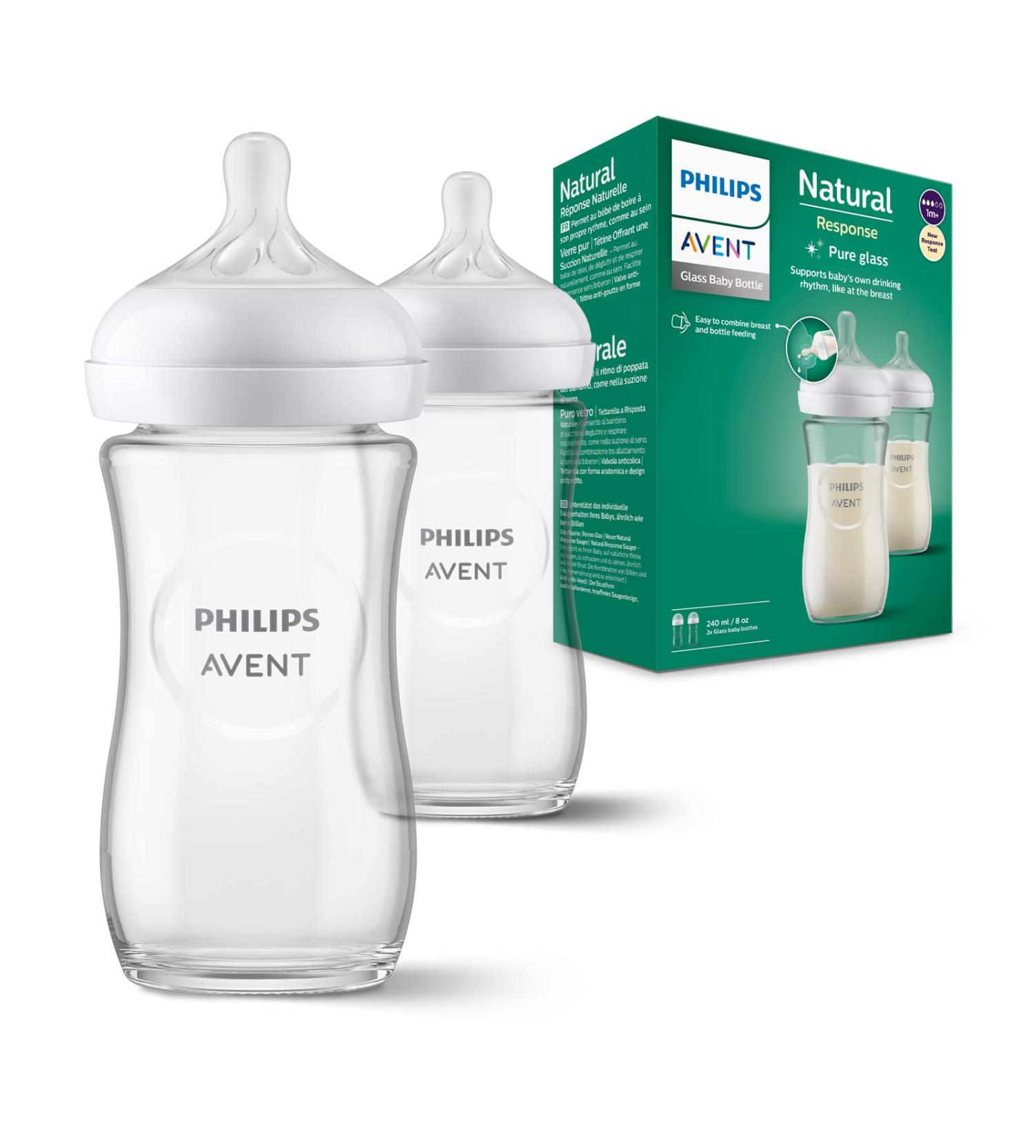 Philips Avent Natural Response Glass Baby Bottles - 240ml BPA-Free 2-Pack for Newborns (1 Month+) - Model SCY933/02 - Buy Online on SooperMarket.com