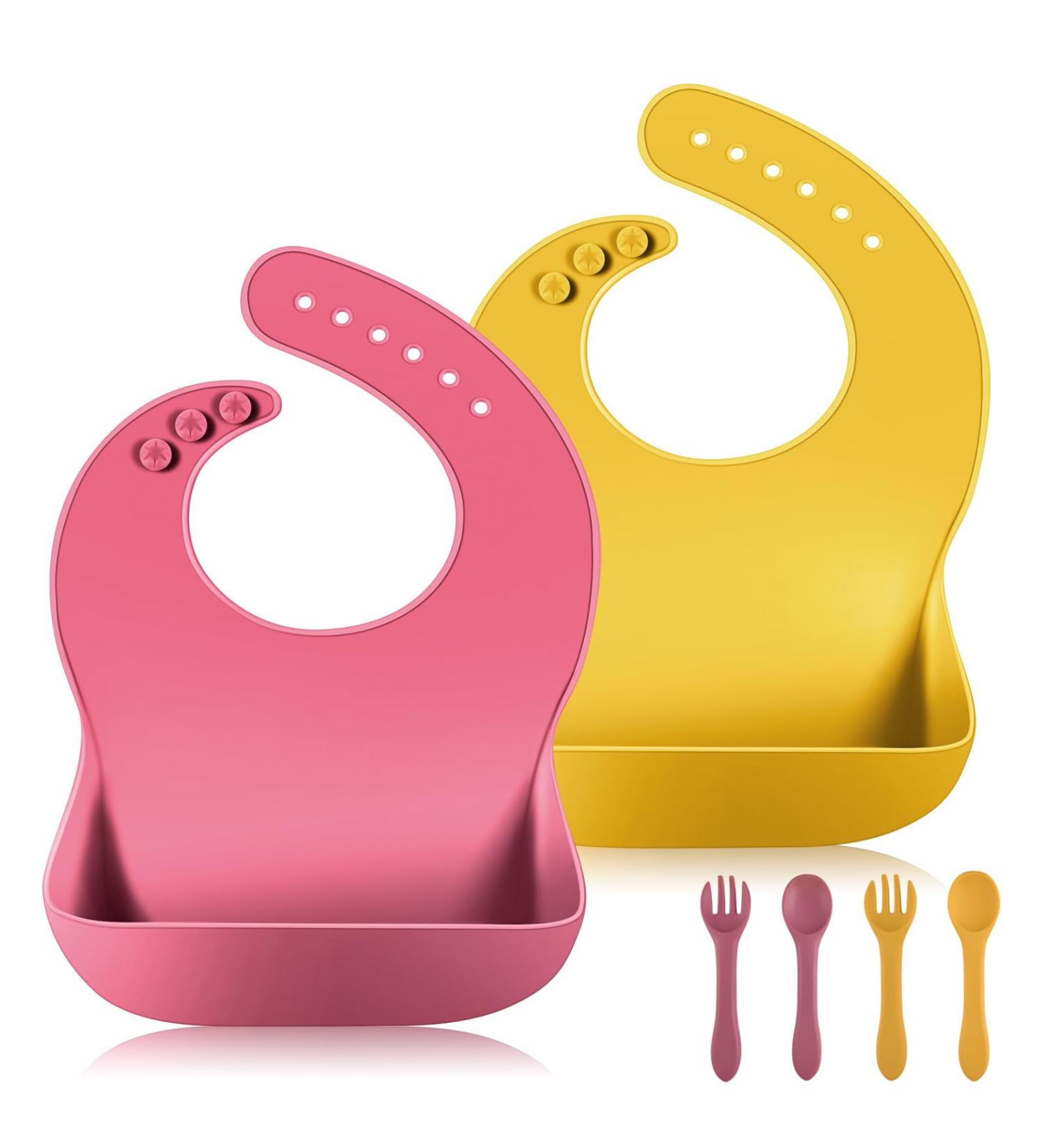 Vicloon 2PCS Silicone Baby Bib Set | Waterproof Baby Feeding Bibs with Fork Spoon | Adjustable & Easy to Clean | Unisex Toddler Bibs (Pink-Yellow) - Buy Online on SooperMarket.com