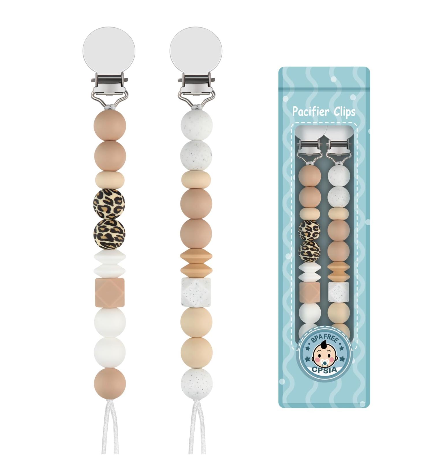 Kowlone Leopard Silicone Pacifier Chain Clips for Baby Girls - 2-Pack Dummy Holder for Baby Shower - Buy Online on SooperMarket.com