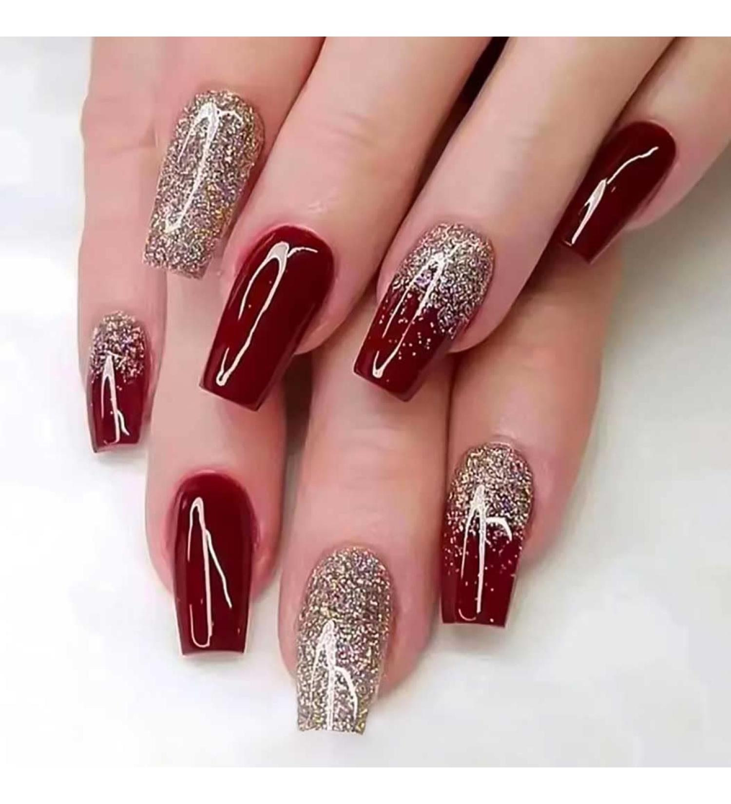 RikView Medium Red Glitter Press on Nails - 24 Pack Square Acrylic Full Cover - International Shipping Available - Buy Online on SooperMarket.com