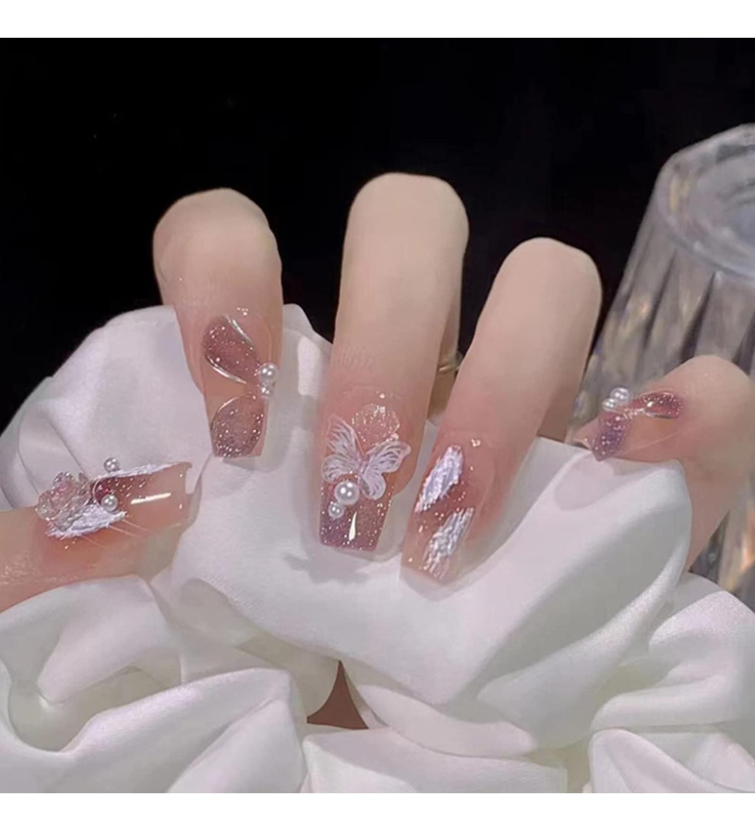 WOOXDYUK Nail Art Set - 24 Medium French Tip Press On Nails with Crystal Butterflies Imported Jelly Glue + Nail Rub & Remover for Perfect Nail Designs - Buy Online on SooperMarket.com