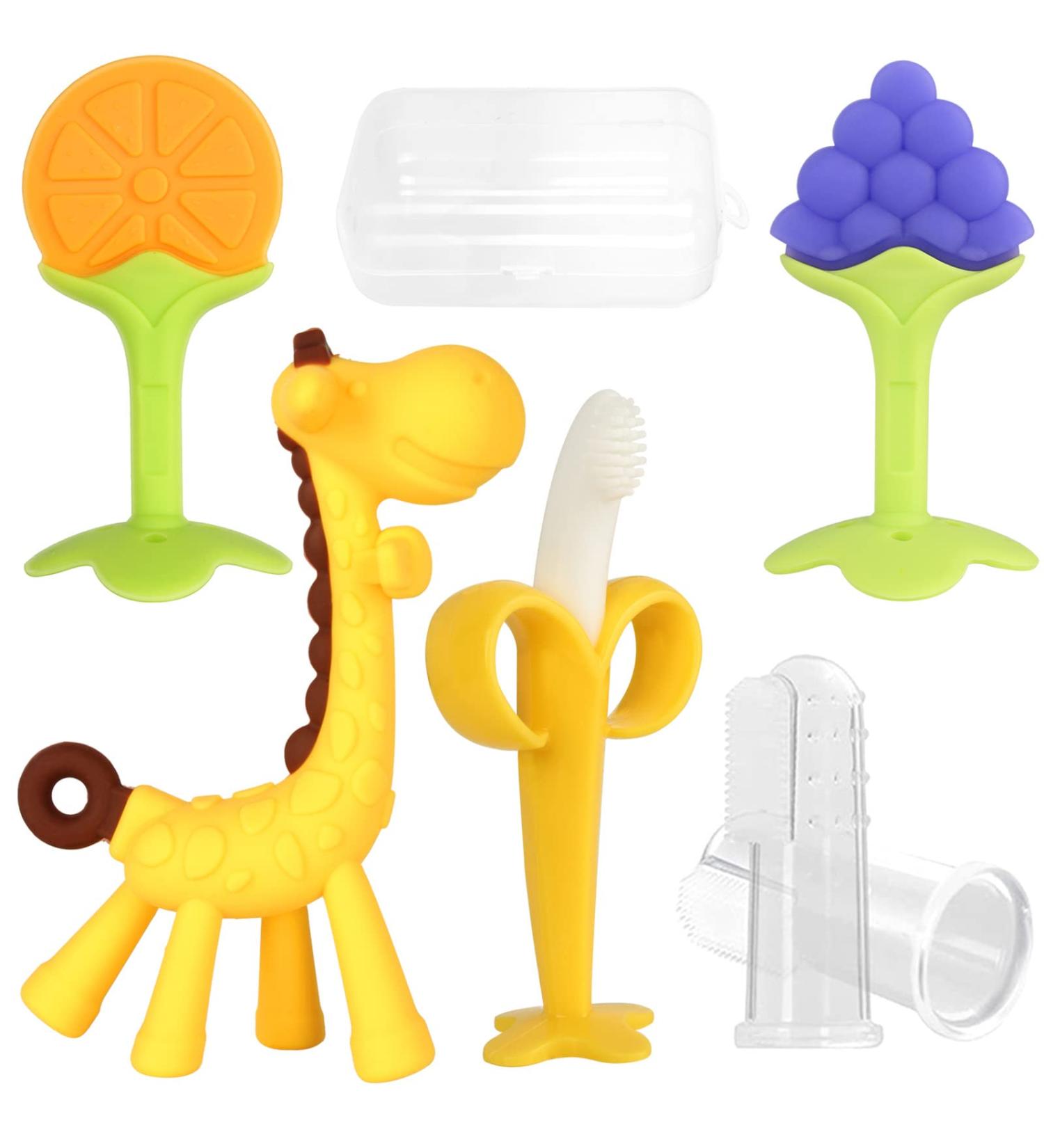BPA-Free Chuya Teething Toys (4 Pack) for Babies 0-6 Months - Banana Baby Toothbrush Teeth Brushing Chew Toy with Fruits+Giraffe Design - Buy Online on SooperMarket.com