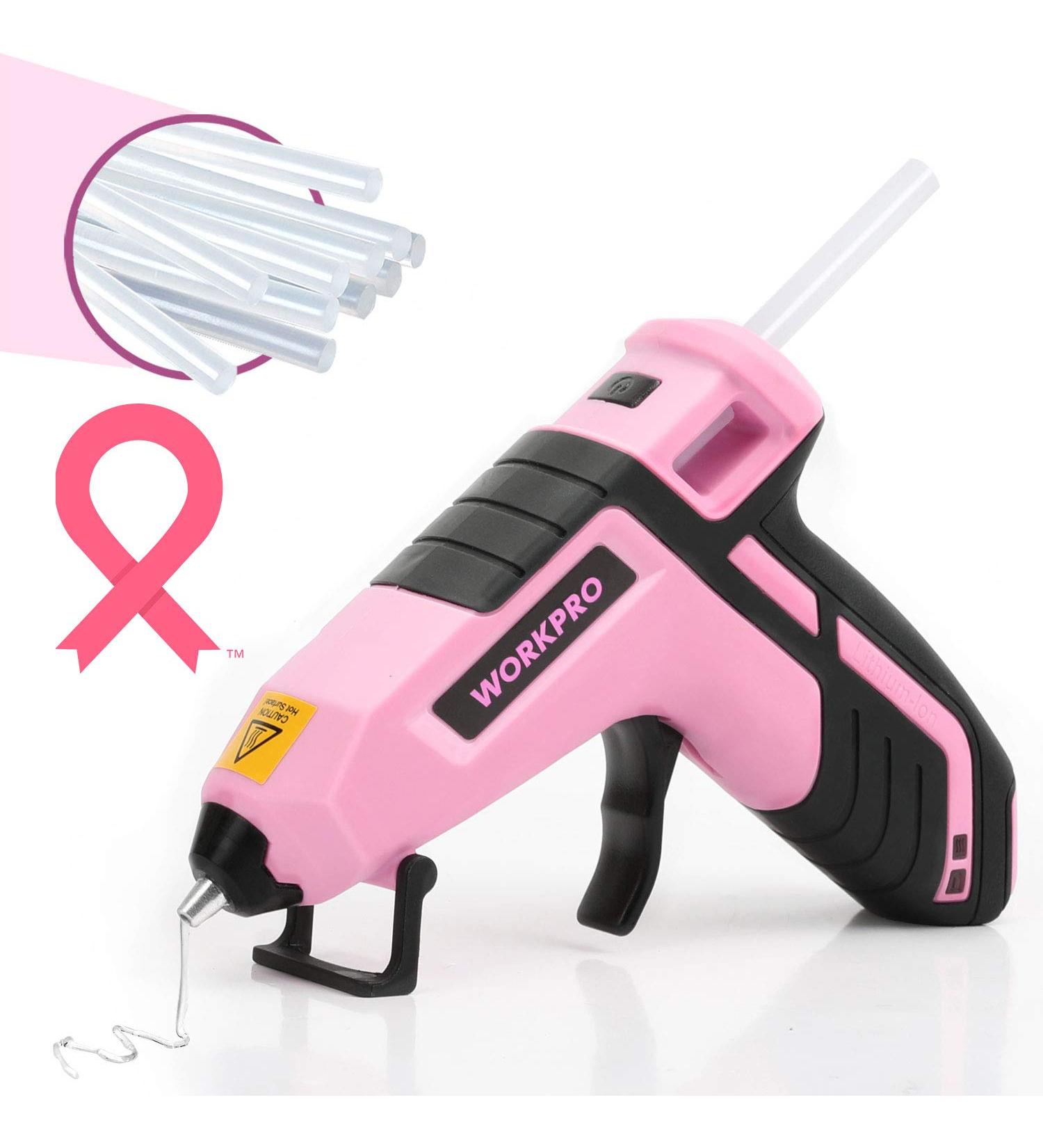 WORKPRO Cordless Hot Melt Glue Gun Kit | Rechargeable Mini Glue Gun with 20 Premium Glue Sticks | Automatic Power Off for Art, Crafts, Decorations, and Fast Repairs | Pink Ribbon - Buy Online on SooperMarket.com