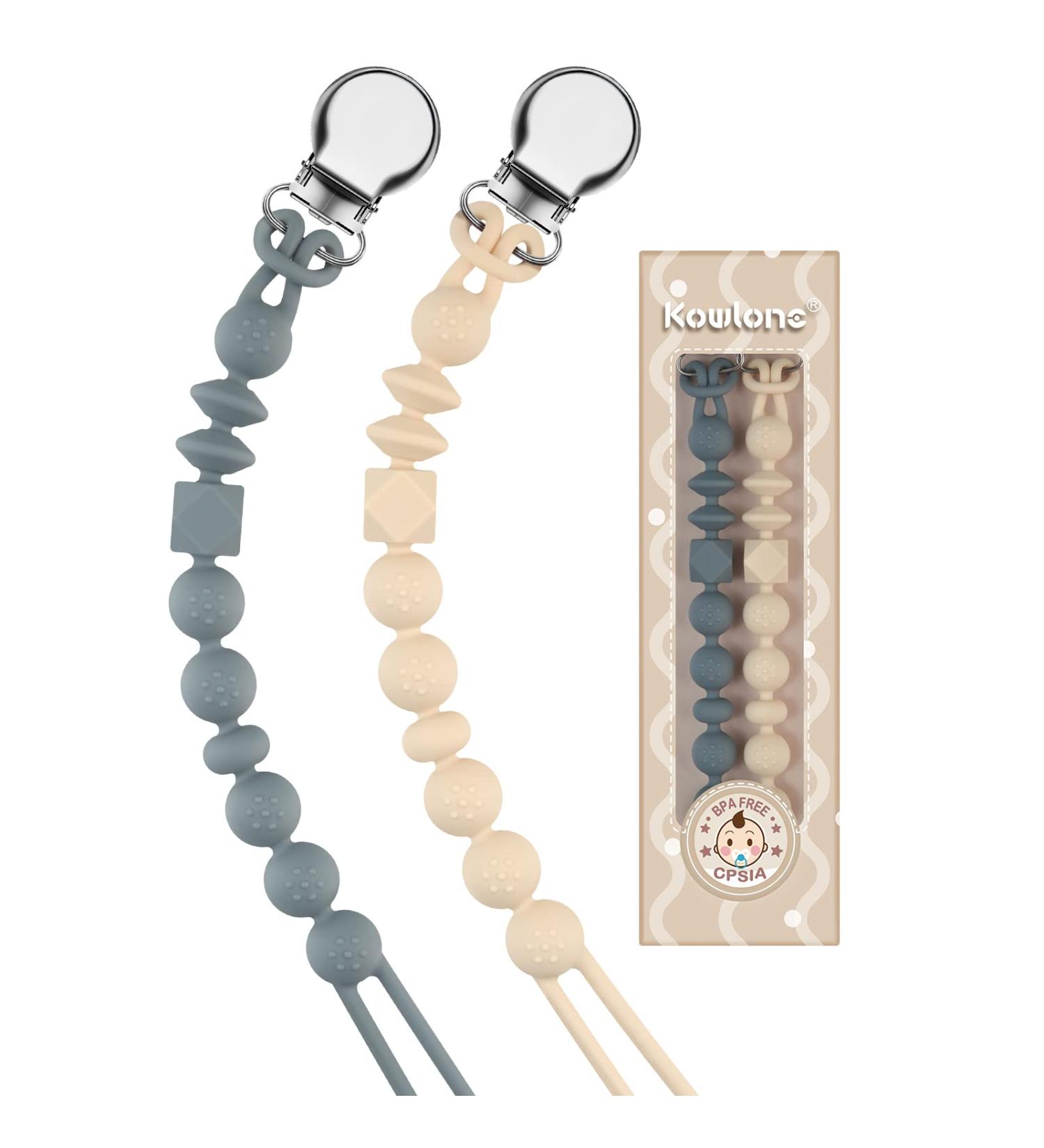 Silicone Soother Pacifier Chain for Teething Baby - Kowlone Dummy Clip | Unisex Newborn Dummies | Beige Dim Grey & Moss Green - Buy Online on SooperMarket.com