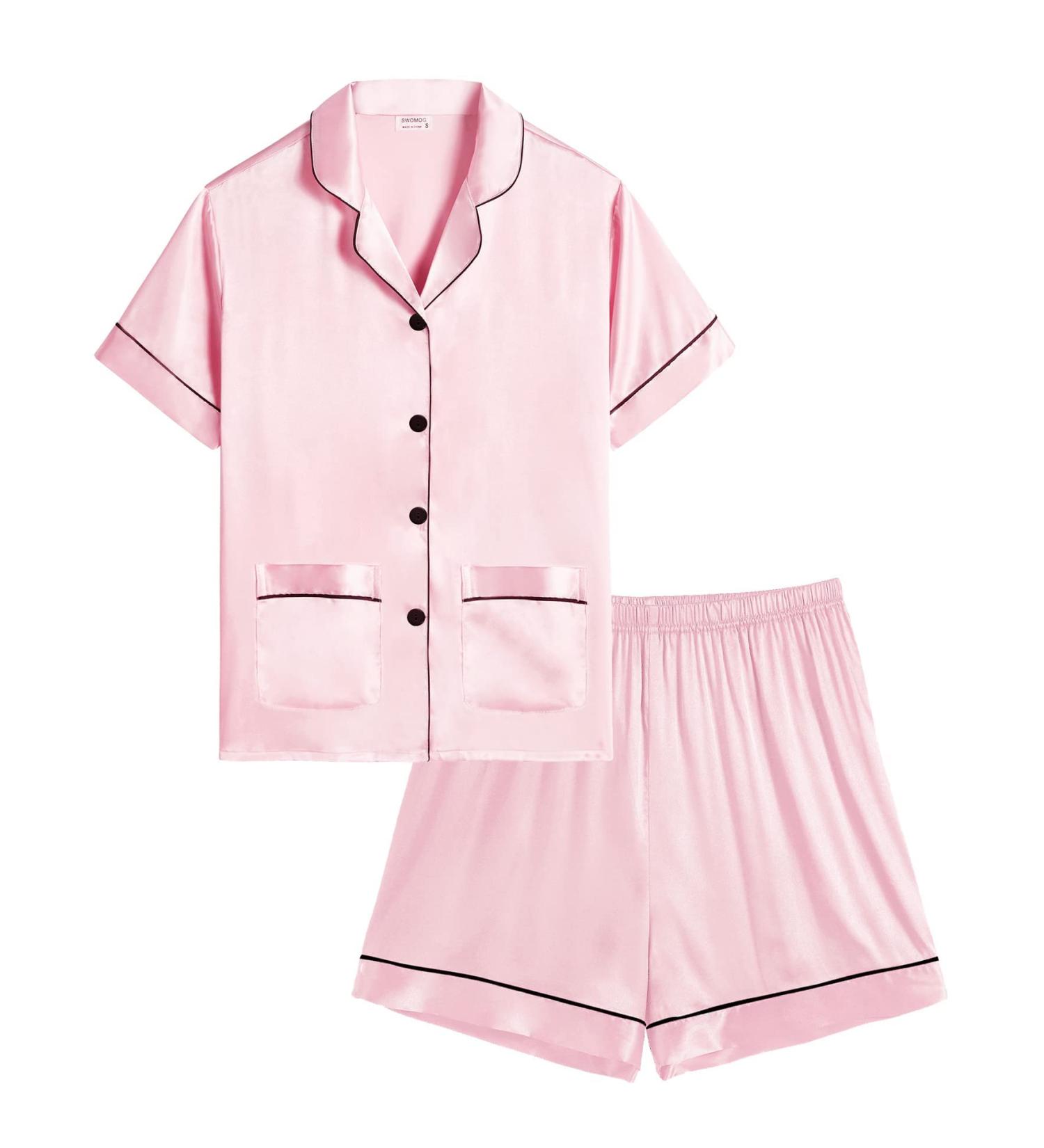 SWOMOG Kids Satin Pyjamas Set - Button-Down Silk Pjs Short Sleeve Lounge Set - 10-11 Years - Pink - Buy Online on SooperMarket.com