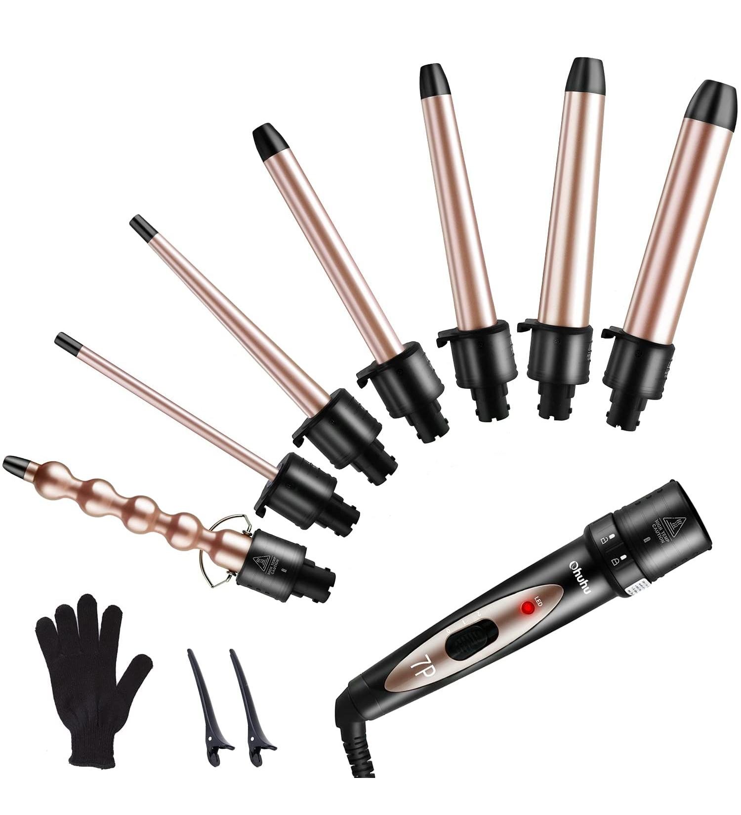 Ohuhu 7 in 1 Curling Wand Set with Interchangeable Ceramic Barrels and Heat Protective Glove - Dual Voltage Hair Curler in Rose Gold | Mother's Day Gift - Buy Online on SooperMarket.com