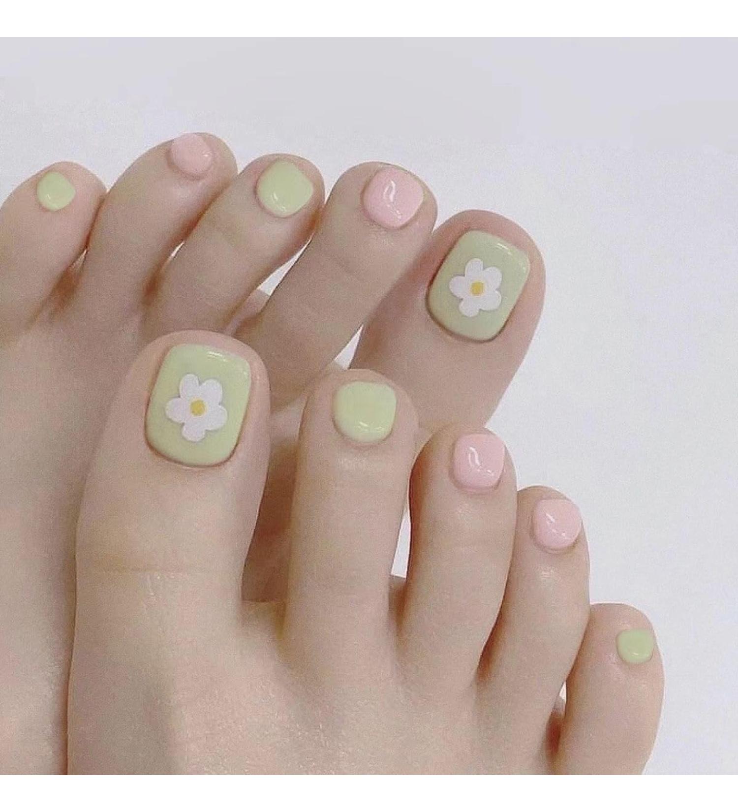 Decorative nail patch small fresh pink and green flowers with white toenails patch removable fake toenails and finished toenails. - Buy Online on SooperMarket.com