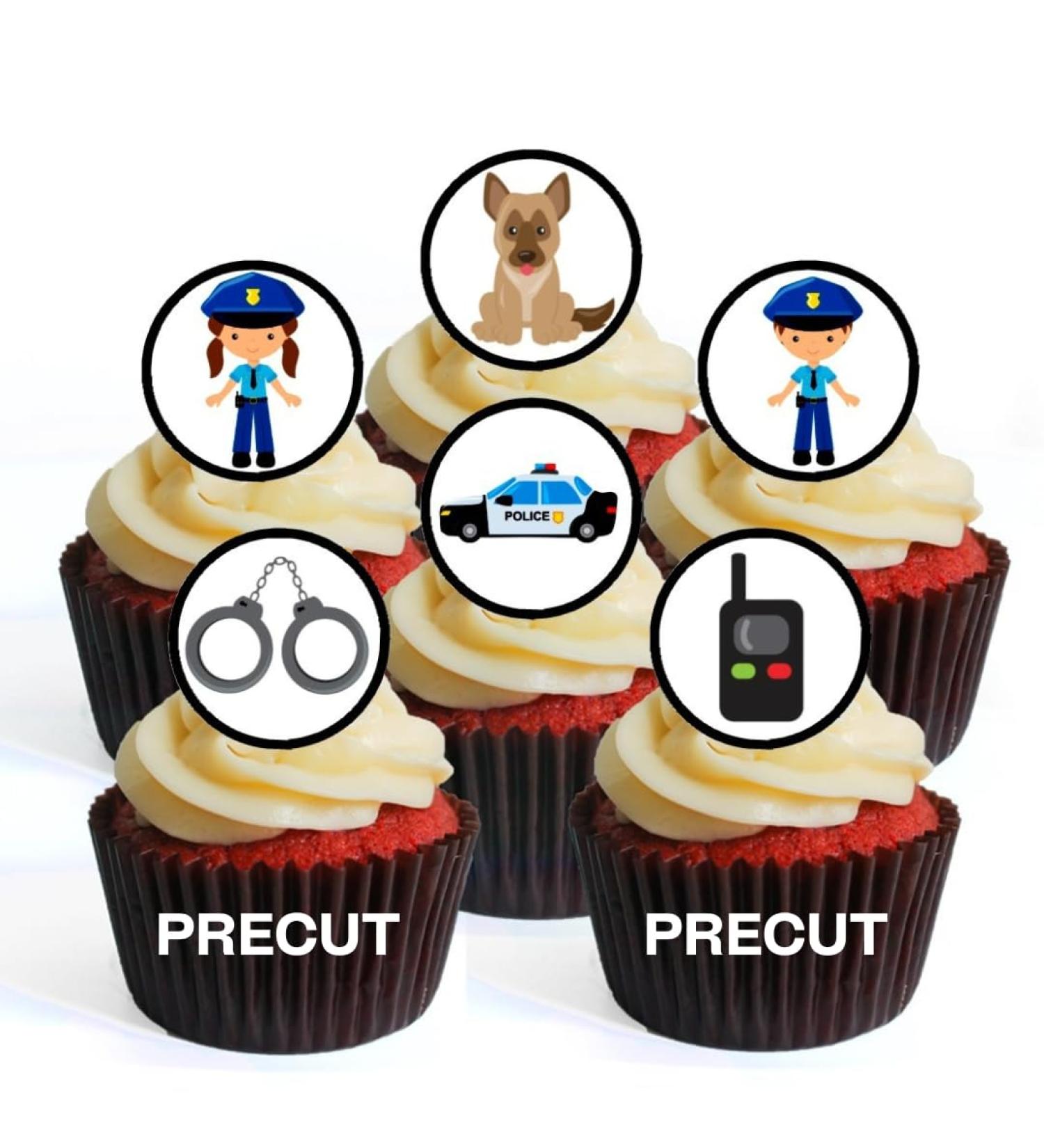 24 PRECUT Police Edible Cupcake Toppers Sheriff Theme Emergency Services Edible Cupcake Decorations - Stand Up Disc Wafer Cake Decorations - Buy Online on SooperMarket.com