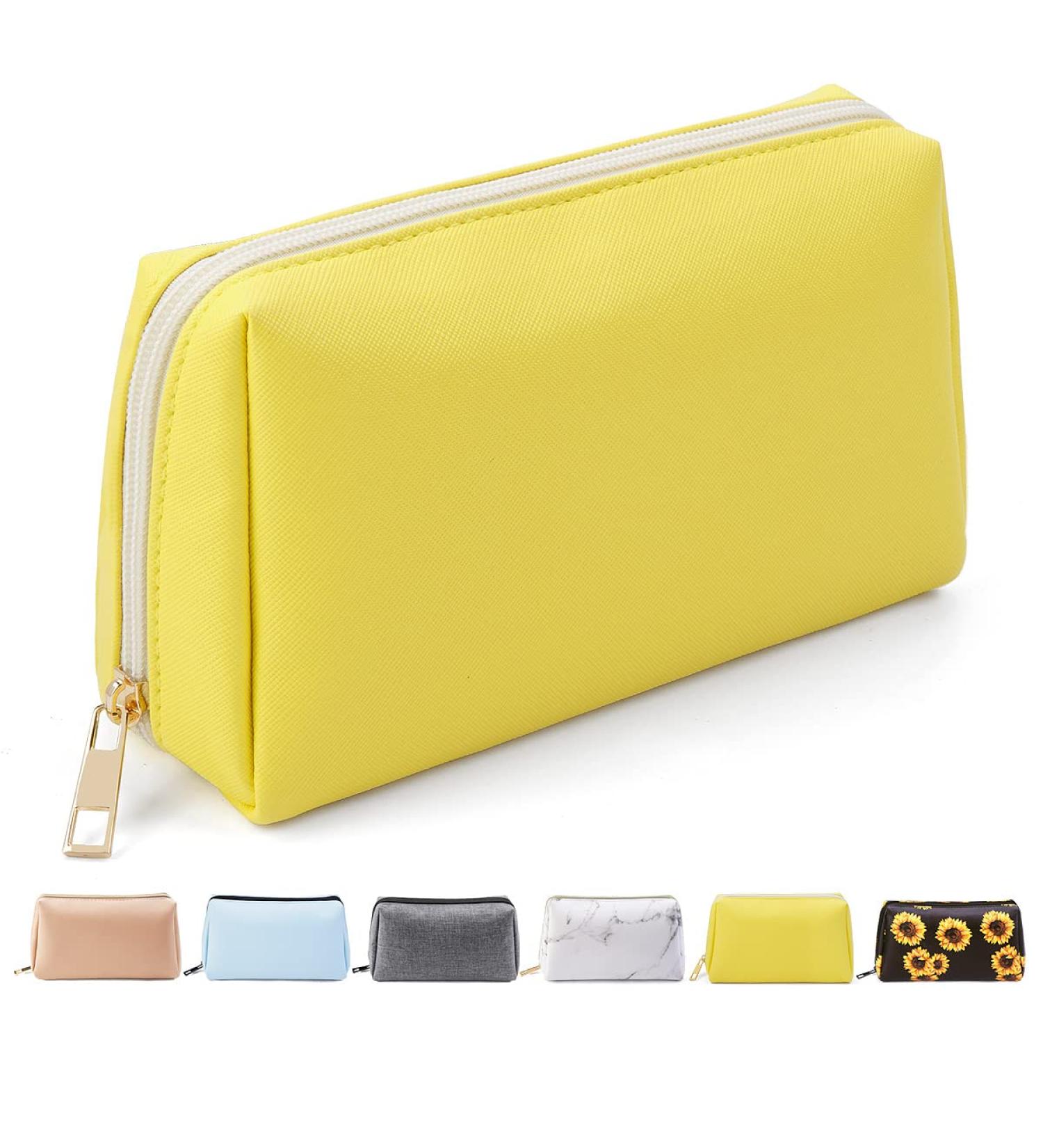 Small Waterproof PU Leather Makeup Bag for Purse - Yellow Cosmetic Pouch with Zipper for Women and Girls - Buy Online on SooperMarket.com