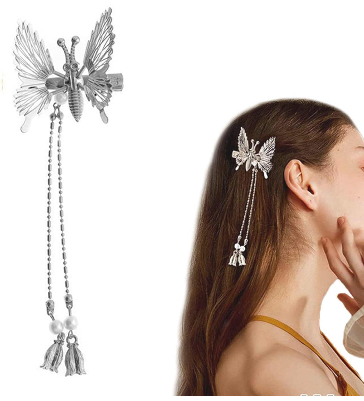 Elegant Tassel Butterfly Hairpin - Shiny Moving Hair Clip for Women & Girls | Perfect Silver Hair Accessory - Buy Online on SooperMarket.com