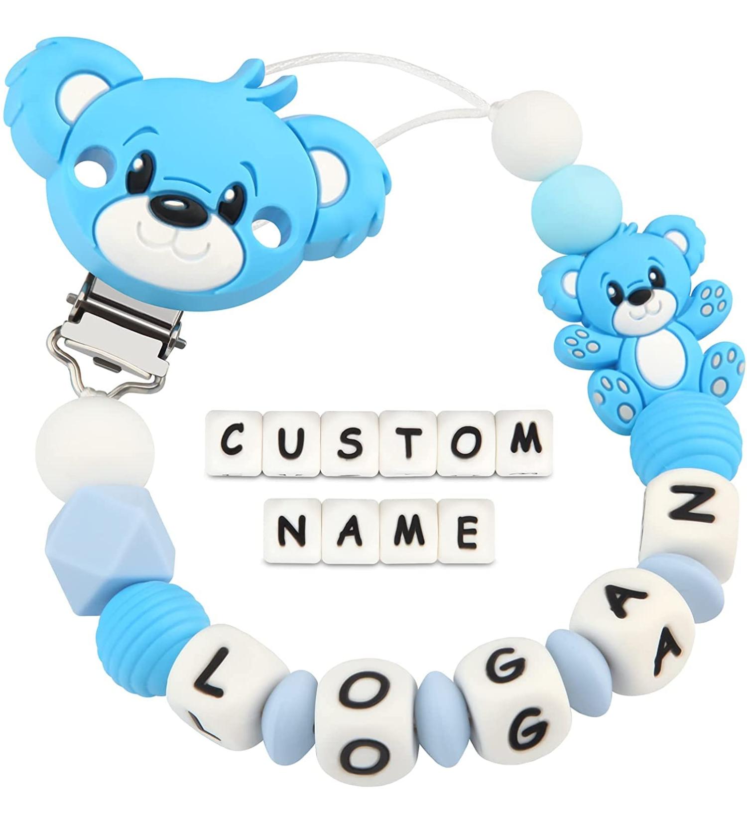 Kowlone Pacifier Chain with Name Boys Girls Personalized Teddy Bear Pacifier Clips Holder (Blue) A: Teddy Bear Blue