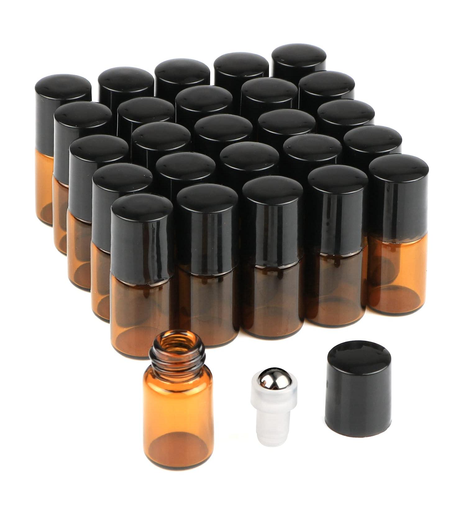 25 Pcs Mini Tiny Essential Oil Glass Roller Bottles - Refillable Aromatherapy Perfume Vials with Metal Rollerball - 2ml Amber Glass Roll On Bottles - Buy Online on SooperMarket.com