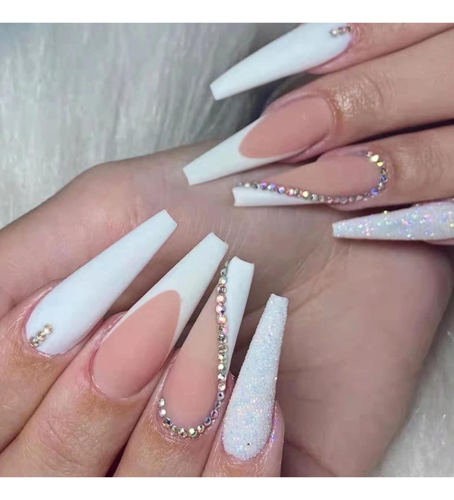 White French Fake Nails with Rhinestones and Sequins | Long Stick on False Nails Art Kit - Buy Online on SooperMarket.com