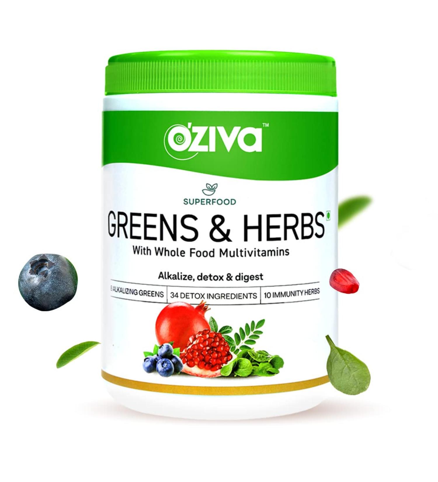 Oziva Superfood Greens & Herbs Powder | 8.8 oz (250 gm) | Chlorella, Curcumin, Spirulina, Maca, Moringa | Cleanse, Detox, Energy | Vegan & Keto Friendly - Buy Online on SooperMarket.com