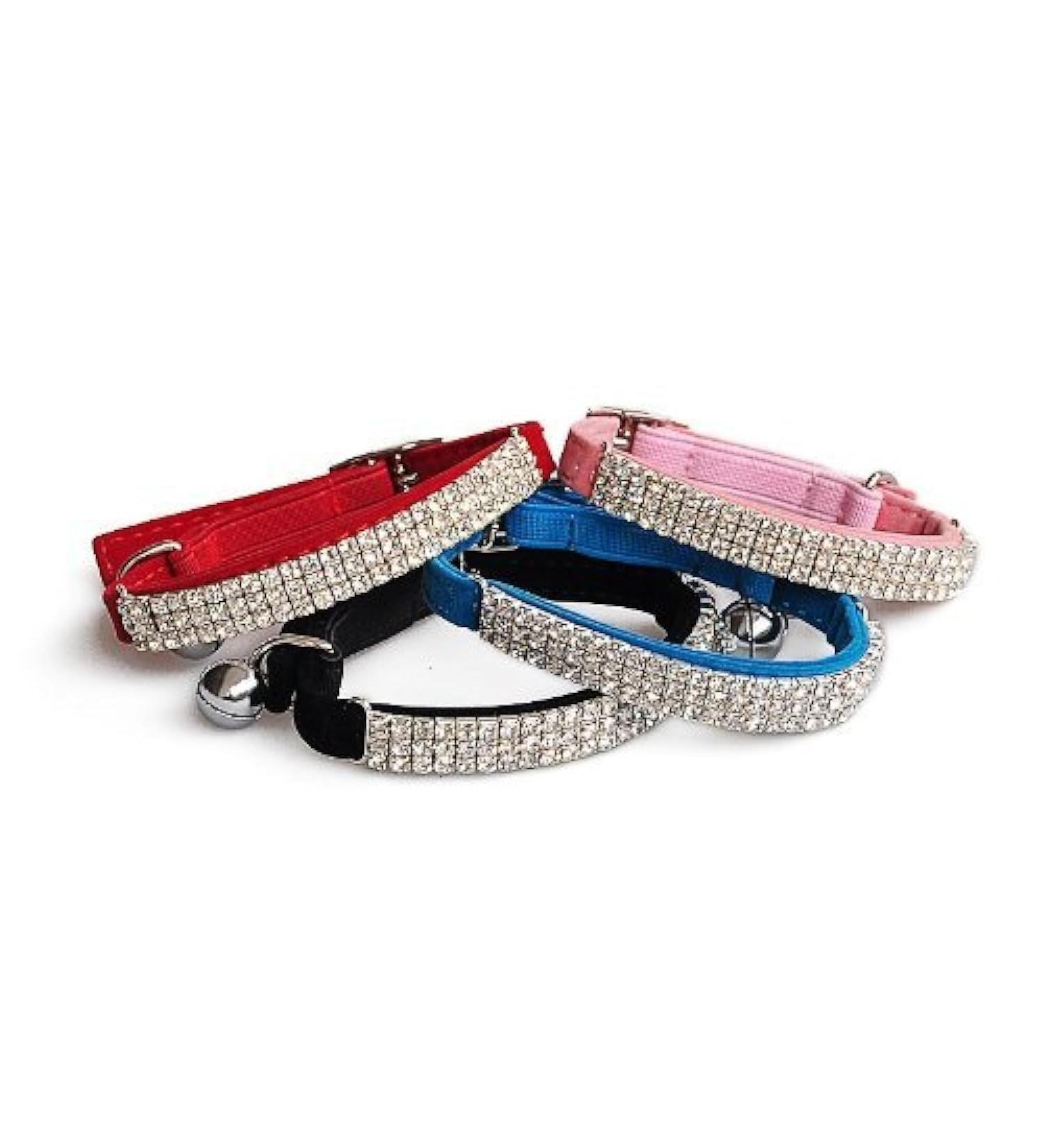 Chukchi collar for cats soft velvet adjustable with rhinestones and bells 4 pieces black pink red black ... black + red + pink + blue