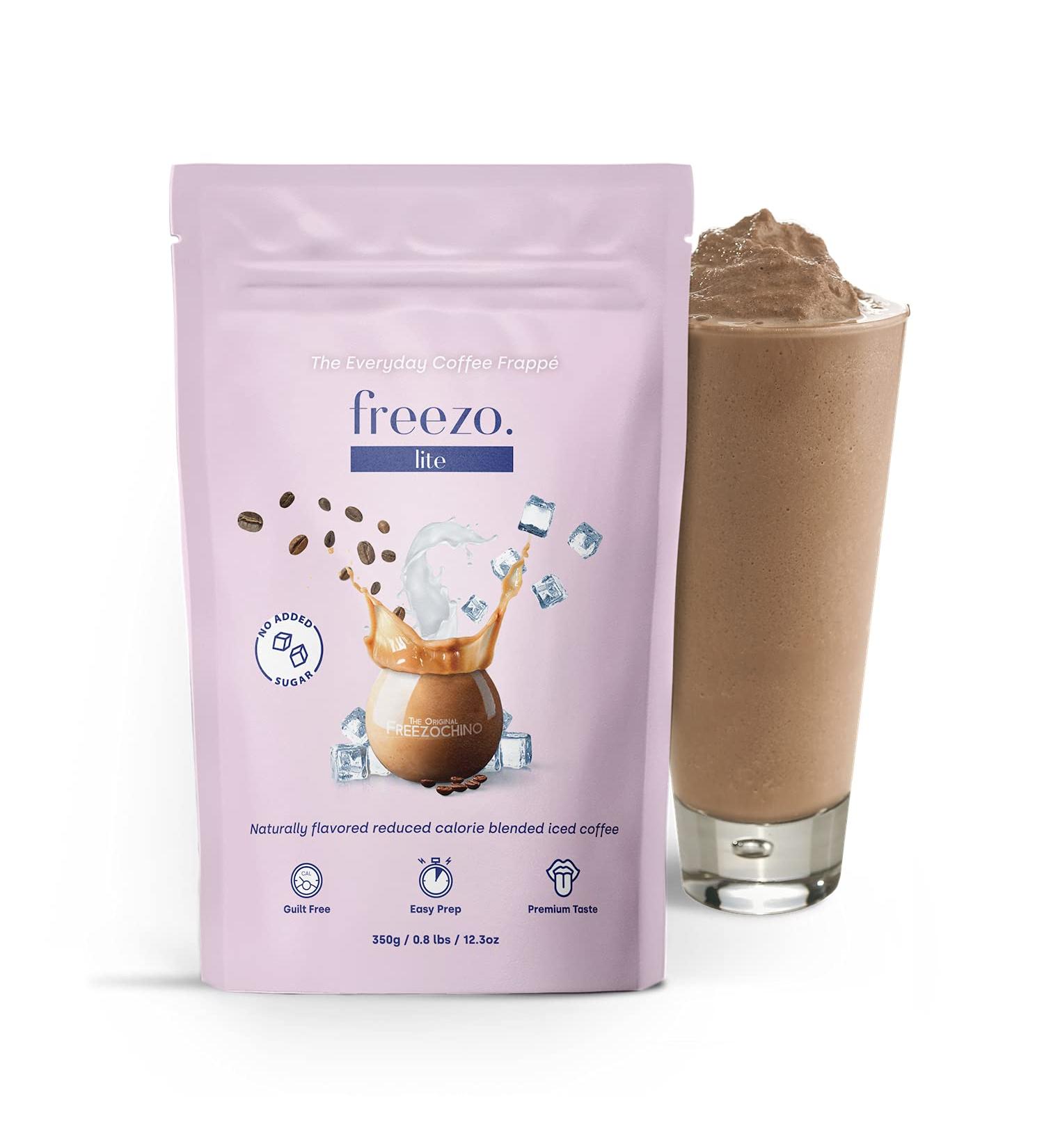 Freezochino Lite Iced Coffee Frappe Latte - No Sugar Added 155 Cal - 1 Lb Bag - Makes 8-10 Servings - Instant Coffee Drink Mix for Blended Frappes - Serve Cold - Buy Online on SooperMarket.com
