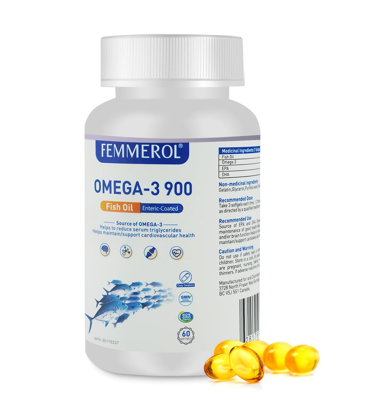 FEMMEROL Omega 3 900 60 Mini Capsules Easy to Swallow - 1000mg Total Omega-3s with EPA & DHA Deep Sea Fish Oils Support Heart Brain Bones & Joints Mood & Eye Health - 90% Purity - 30 Servings - Buy Online on SooperMarket.com