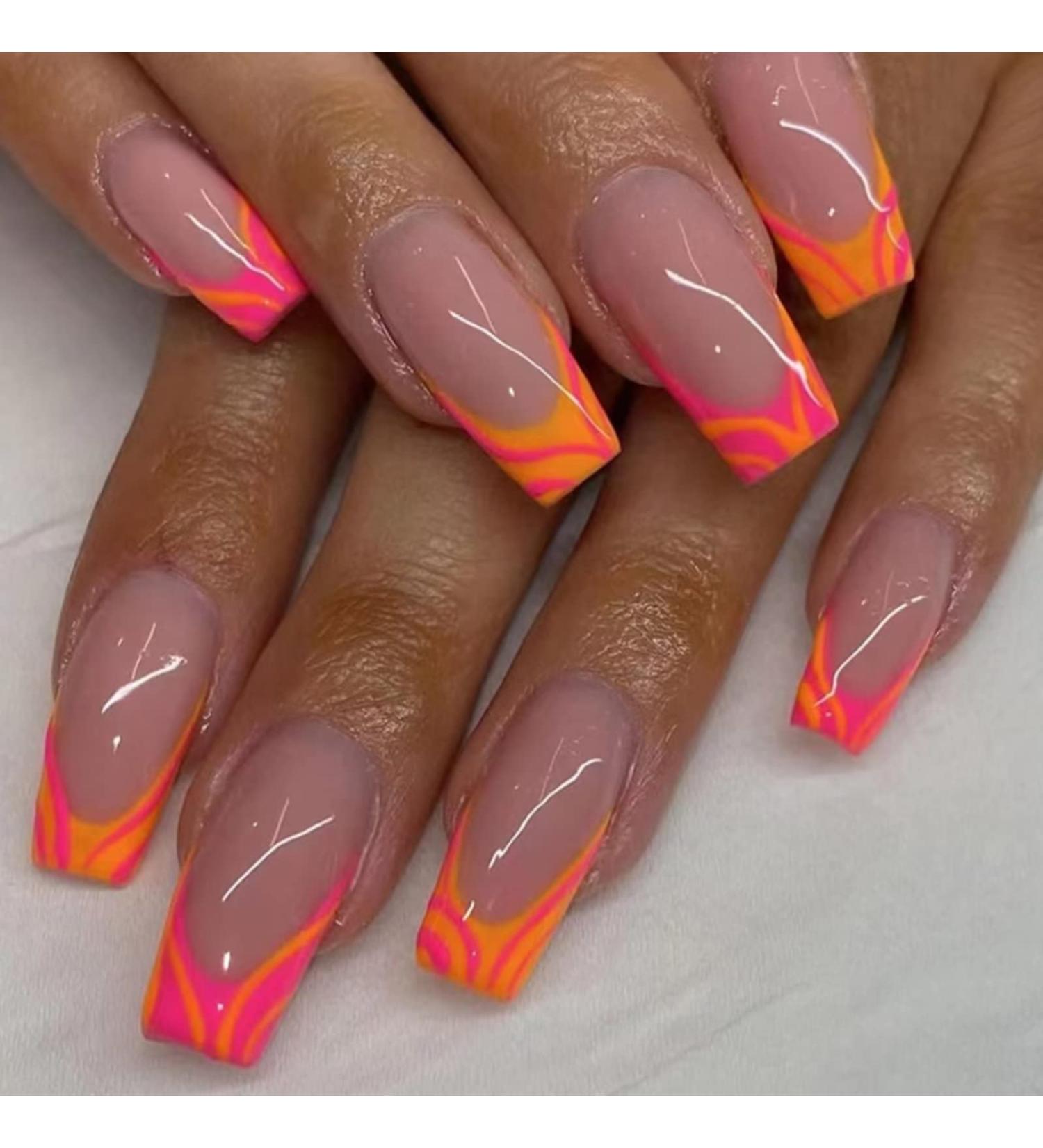 RUNRAYAY 24pcs Orange Press on Nails - Medium French Tips Artificial Nails for Women & Girls | Easy Glue-On Fake Nails - Buy Online on SooperMarket.com
