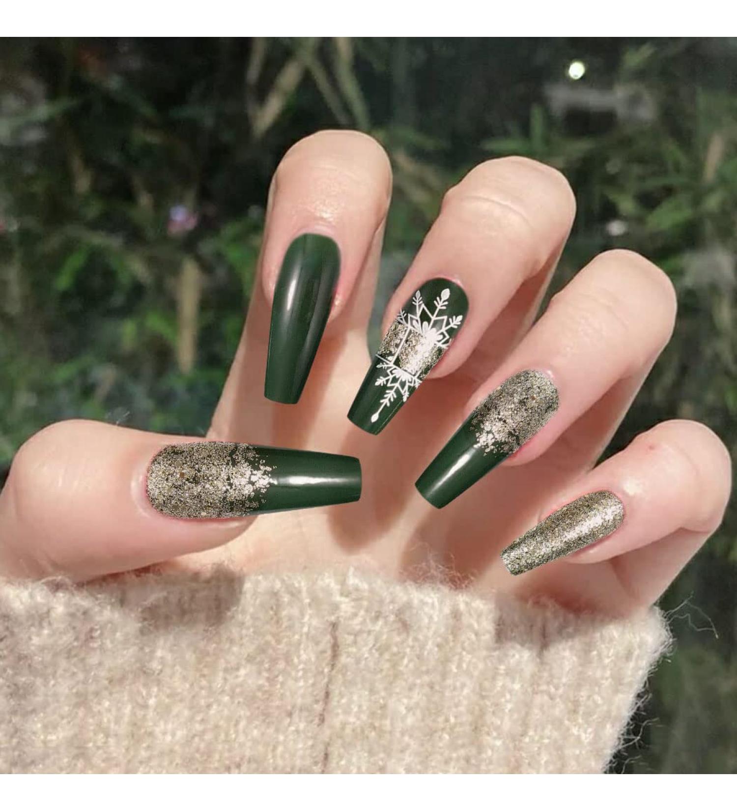 Vatocu Christmas False Snowflake Glitter Press on Nails - 24pcs | Long Ballerina Acrylic Stick-on Nails for Women and Girls - Buy Online on SooperMarket.com