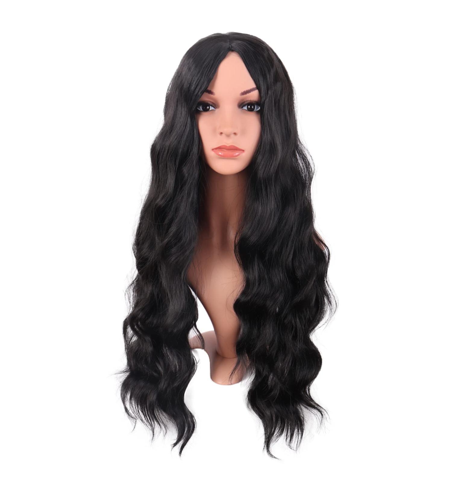MapofBeauty 28 Inch/70 cm Long Wavy Middle Part with No Bangs Synthetic Fiber Curly Fashion Women Party Cosplay Wig (Black) - Buy Online on SooperMarket.com