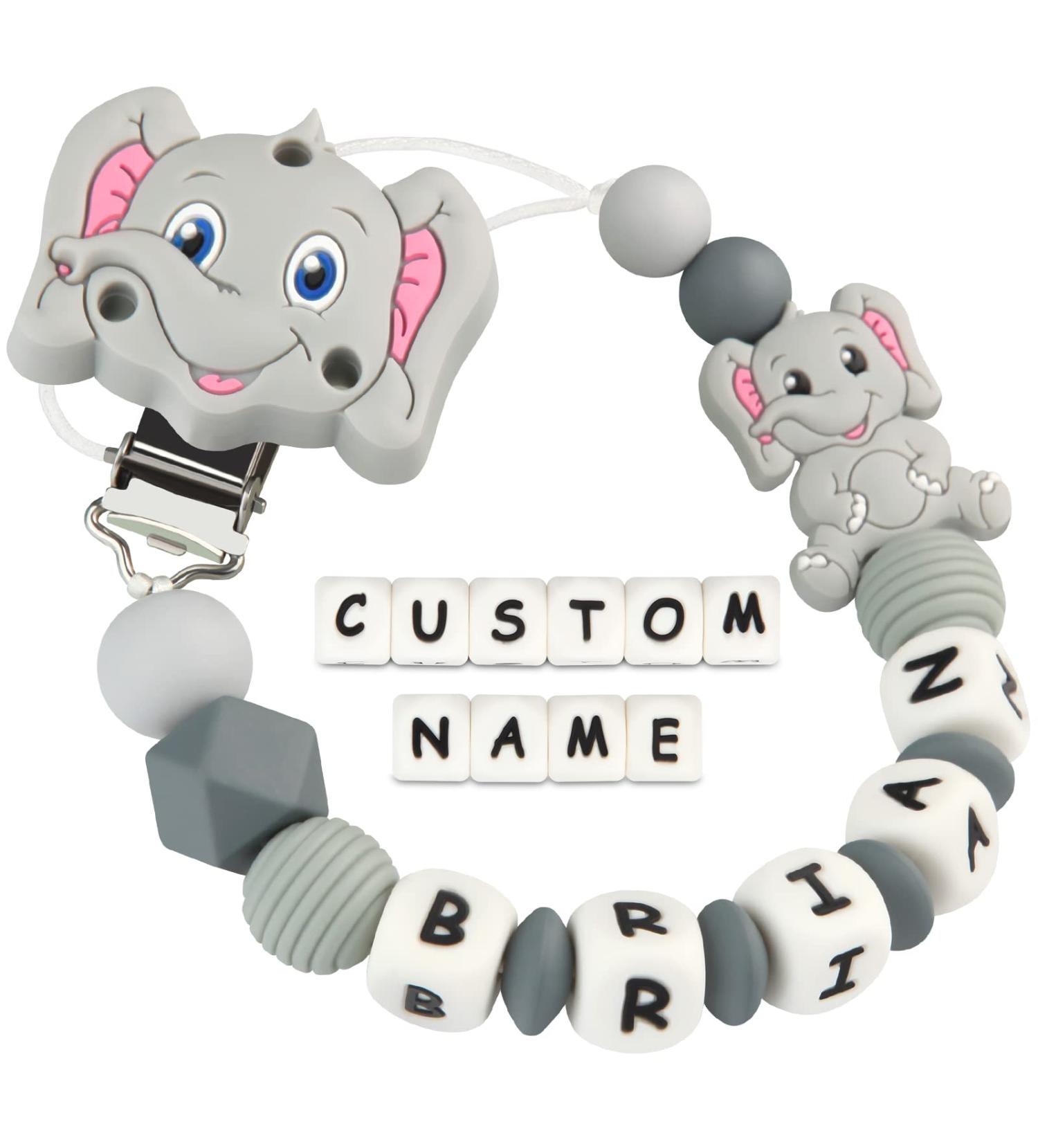 Kowlone pacifier chain with name boys girls personalized elephant pacifier clips holder (gray) A: Elephant Gray
