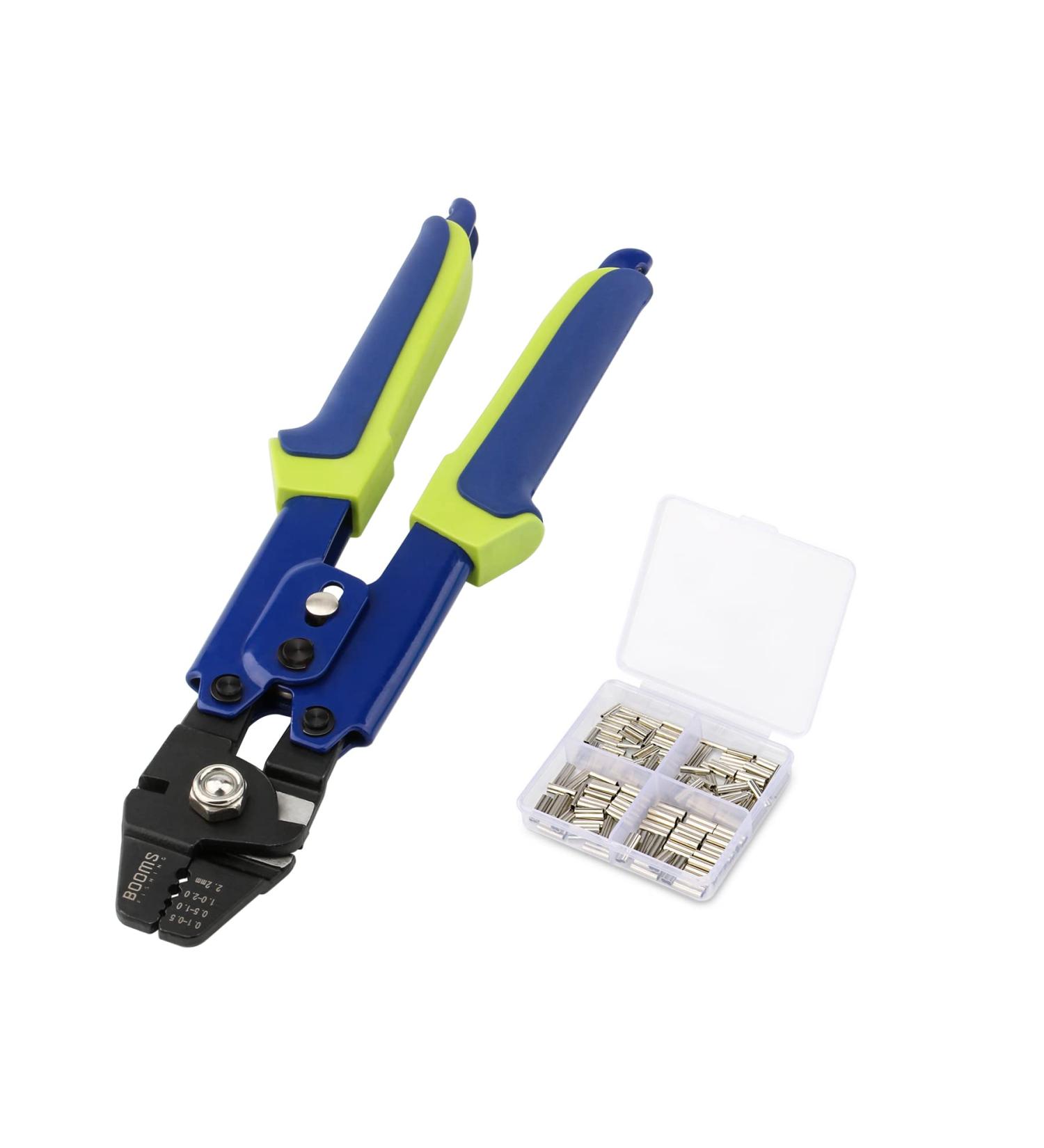 Booms Fishing CP1 Crimping Pliers | High Carbon Steel 10 inch Crimper Tool with 140pcs Sleeves for Wire Rope Leaders | Blue Ergonomic Handle - Buy Online on SooperMarket.com