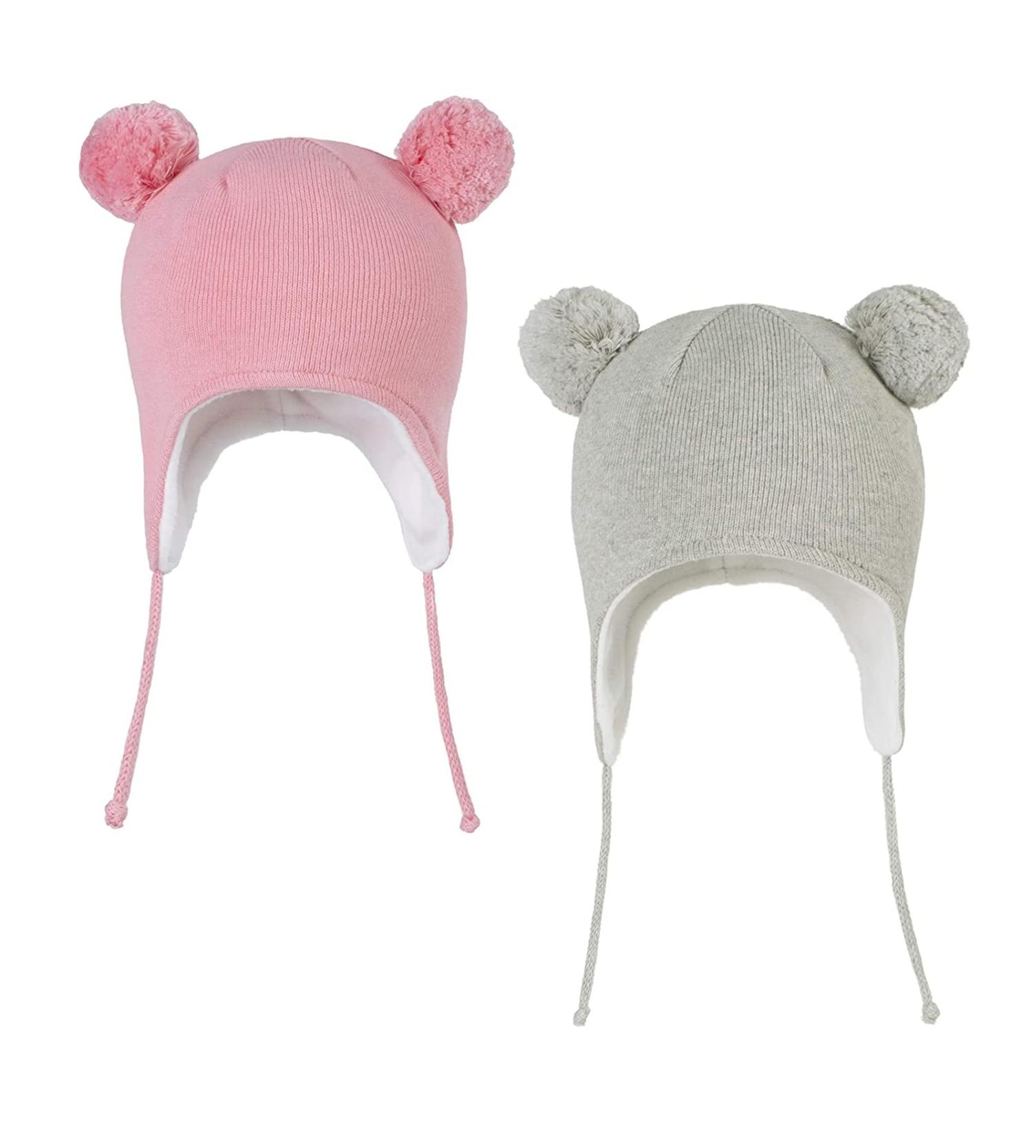 LANGZHEN Toddler Winter Hat Earflap Knit Cap Fleece Lined Beanie - Pink+Grey (6-12 Months) - Buy Online on SooperMarket.com