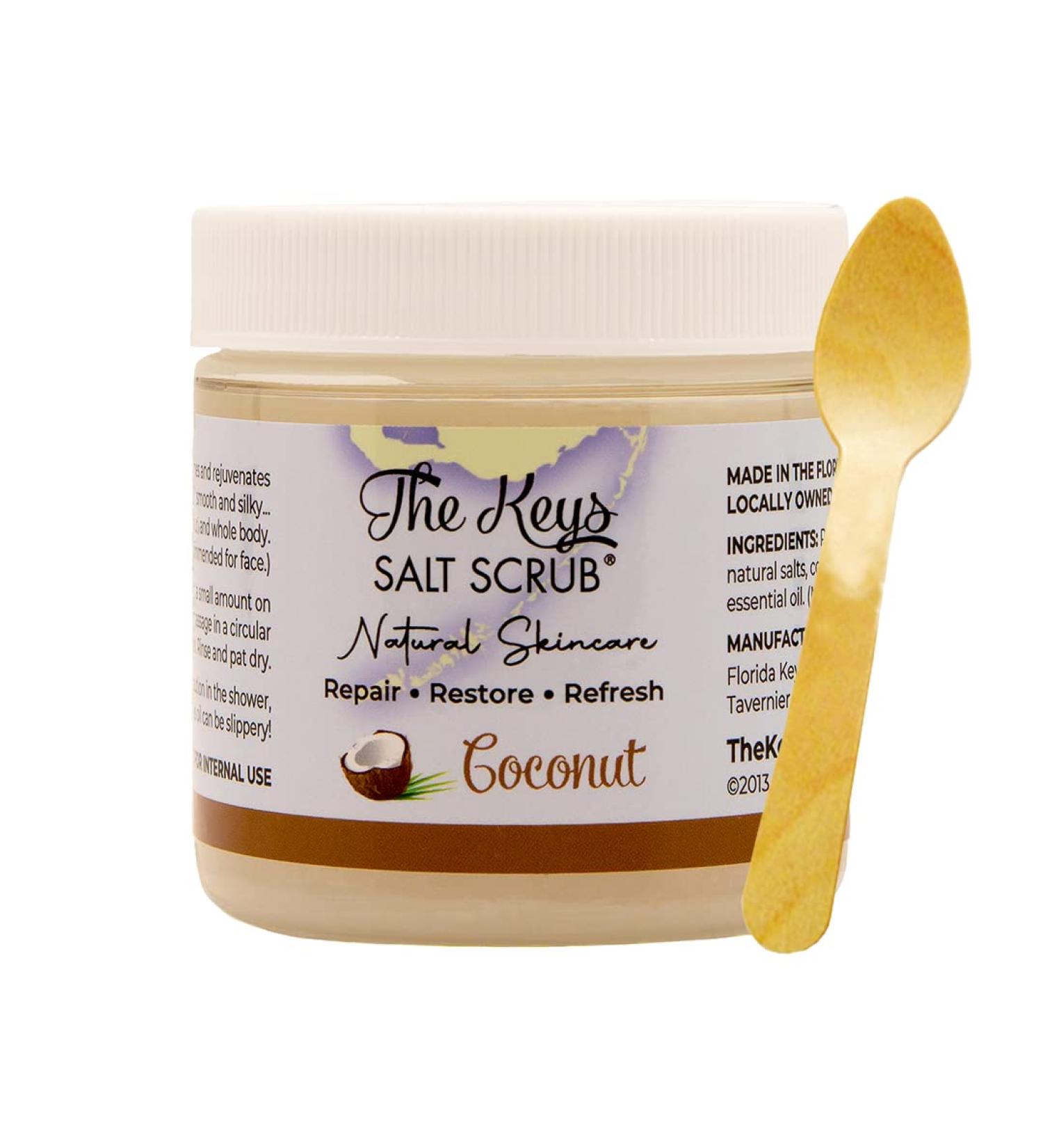 Keys Florida Sea Salt Body Scrub 3.4oz - Exfoliating Scrub for Hands, Feet, and Bikini Area - Organic Coconut Essential Oil - Includes Wooden Spoon - Men and Women - Buy Online on SooperMarket.com