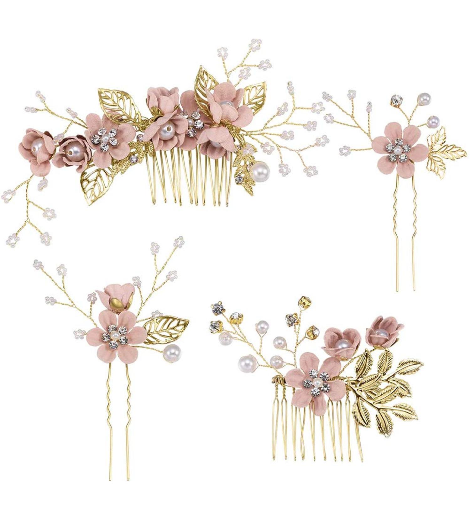 4-Piece Light Pink Gold Wedding Hair Comb Set | Rhinestone Bridal Hair Clips | Elegant Wedding Accessories - Buy Online on SooperMarket.com