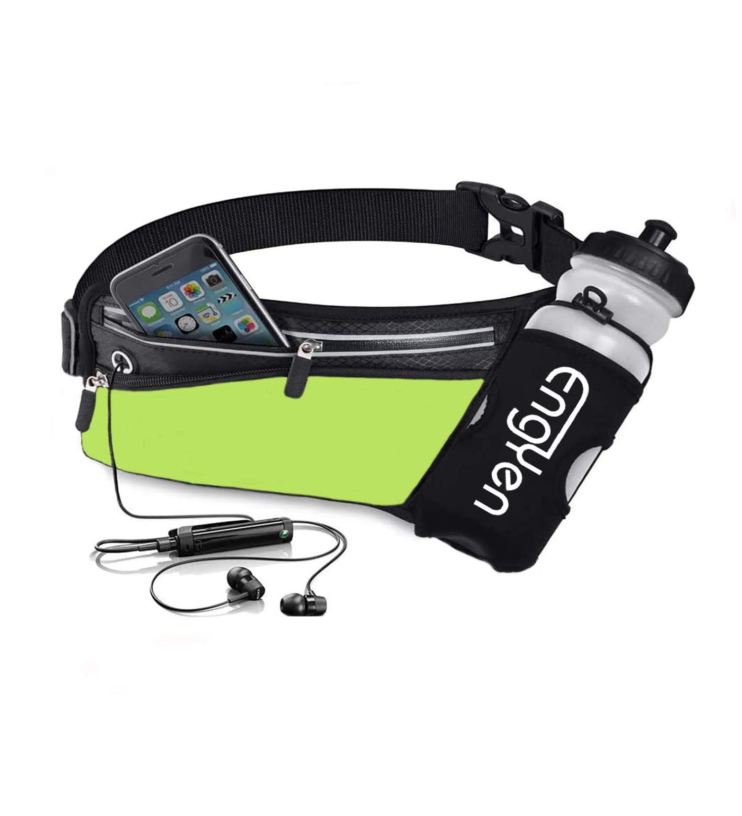 EngYen Fanny Pack with Water Bottle Holder - Slim Waist Bag for Travel, Workout, Hiking - Green Running Belt for Men and Women - Perfect Holder for Phone, Money, Key - Hydration Pouch for Runners - Buy Online on SooperMarket.com