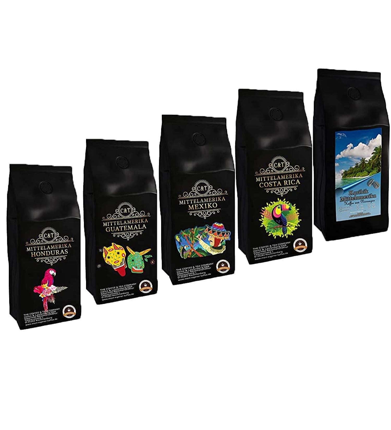 Country coffee trial package "Central America" 5 x 500g top coffee from Honduras Guatemala Mexico Costa Rica Nicaragua 2500 grams of whole beans 500 g (5 Pack)