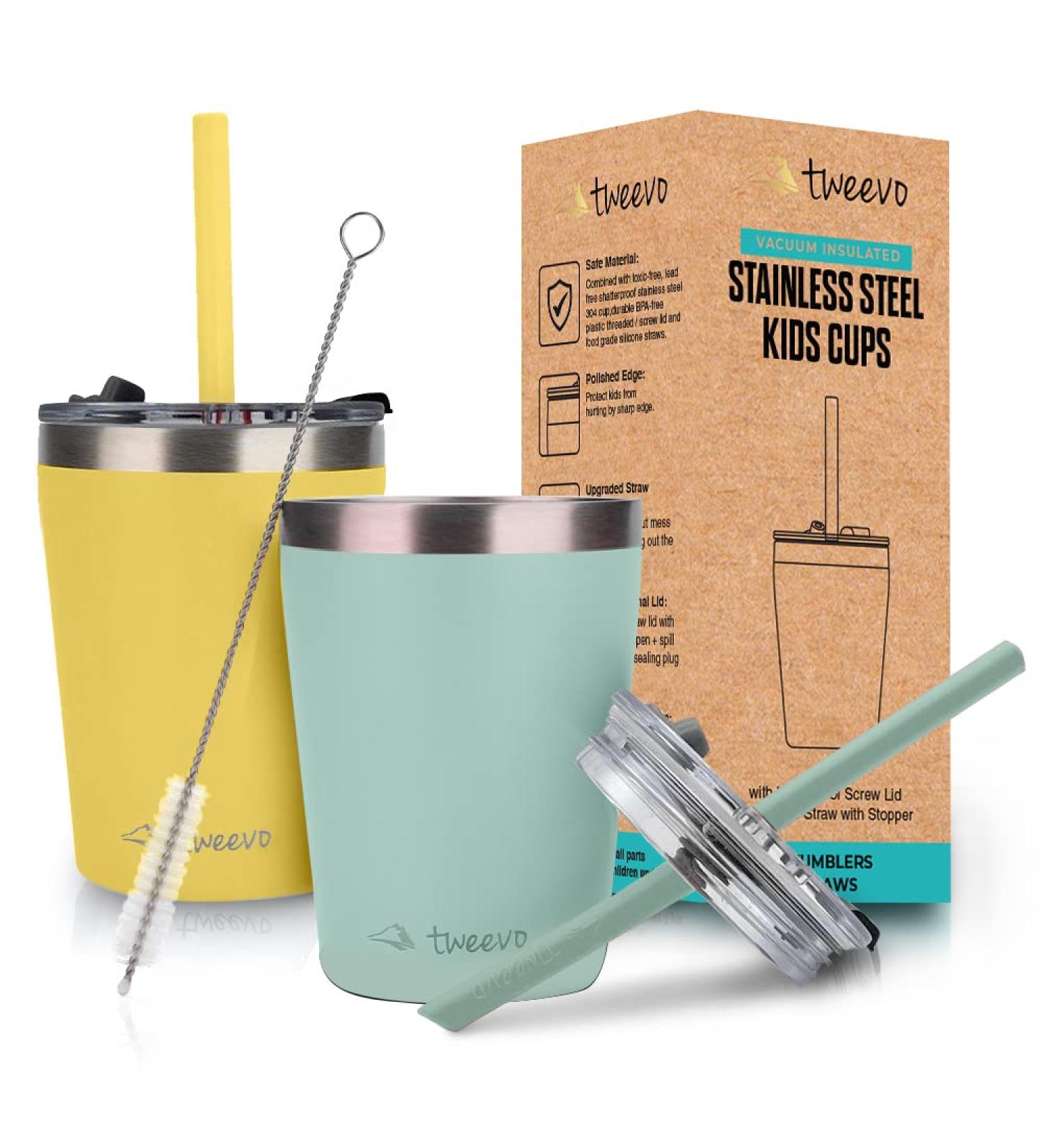 Tweevo Kids Tumblers 8.5 oz - 2 Pack, Stainless Steel Cups with Spill-Proof Lids, Straws, and Brush - Blue Yellow - Buy Online on SooperMarket.com
