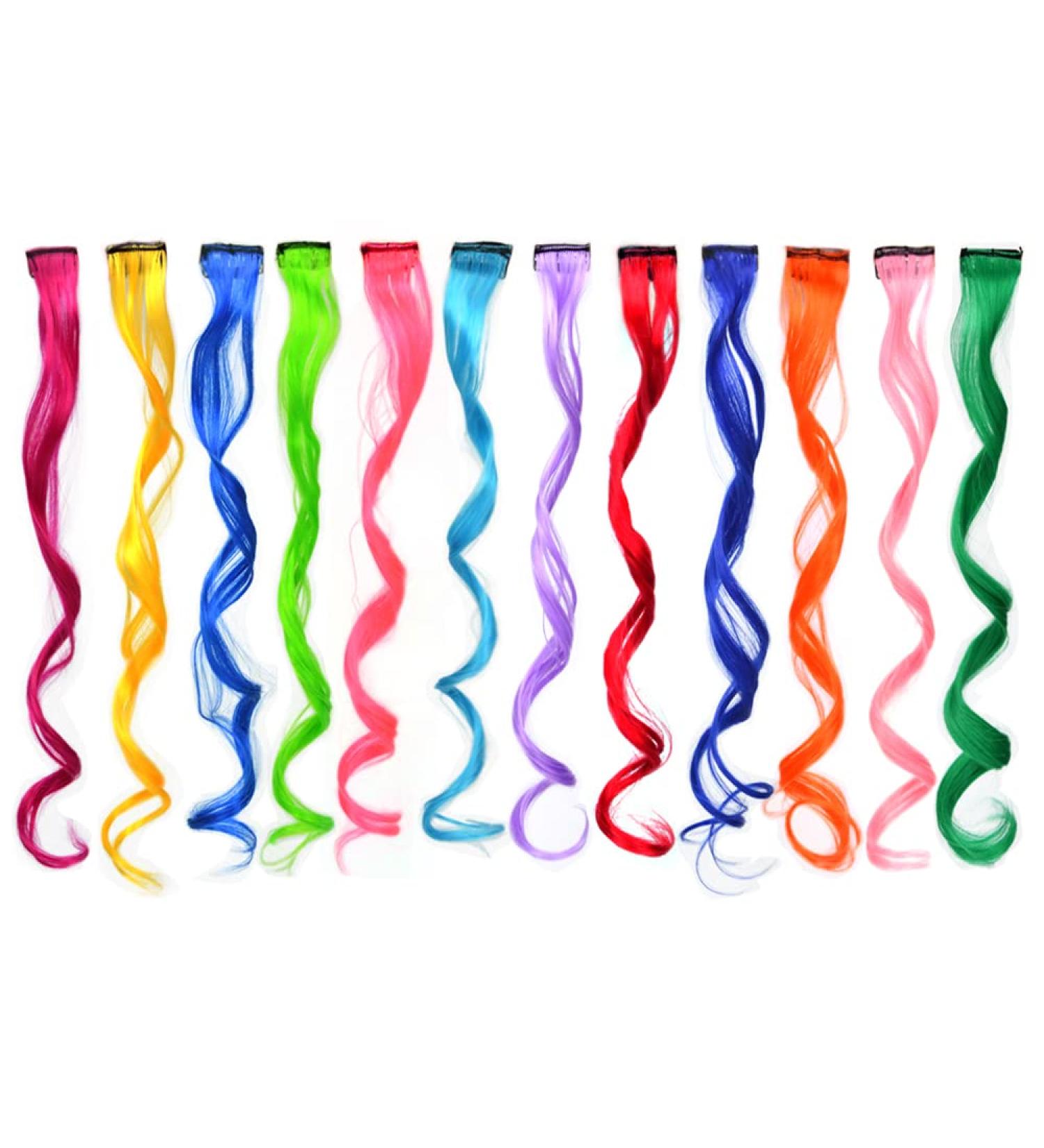 12 Pcs Colored Hair Extensions Clips - Curly Wavy Synthetic Hairpieces for Women, Kids, Girls - Multi-color Party Highlights - Colorful Set - Buy Online on SooperMarket.com
