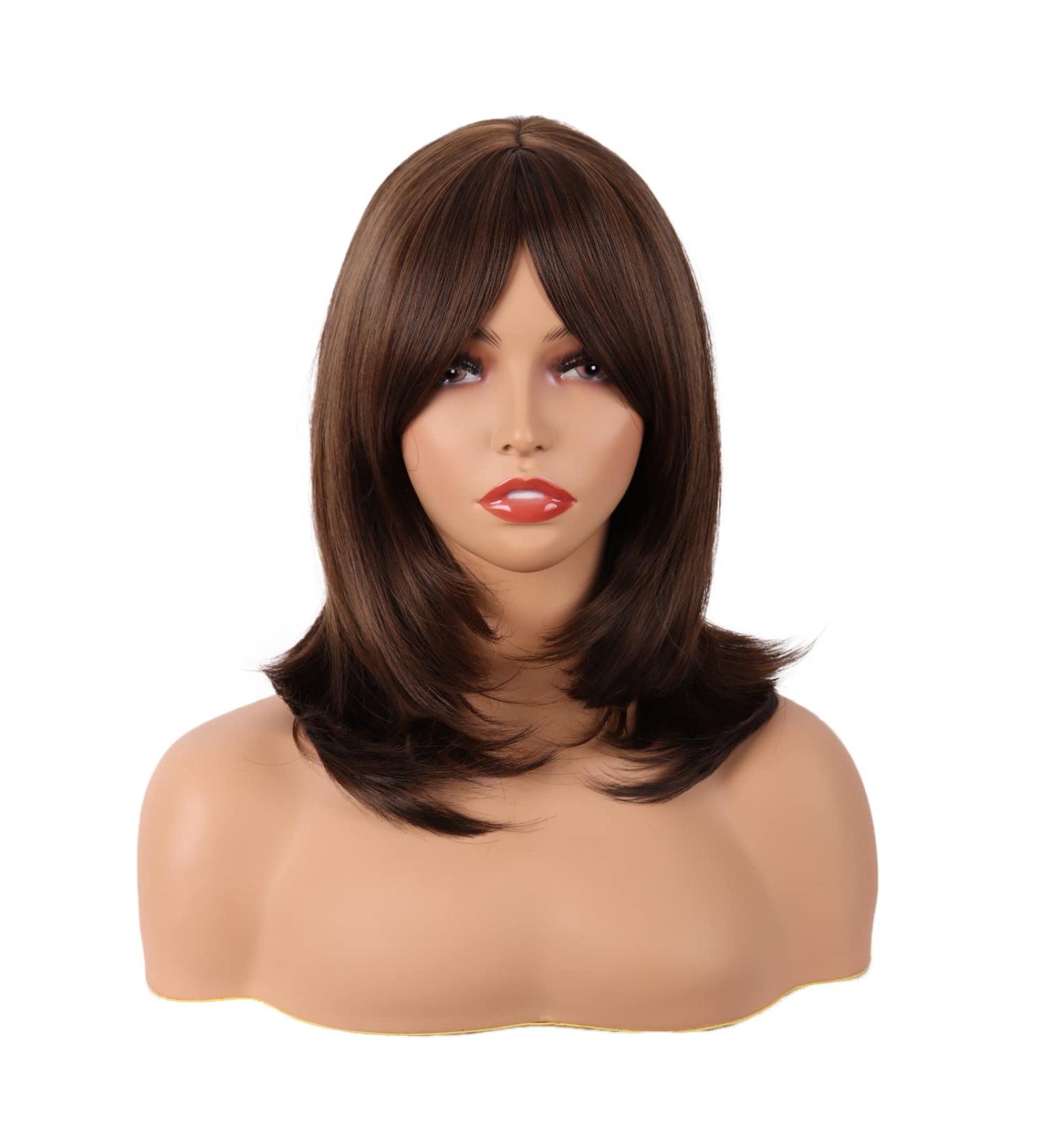 MapofBeauty 18 Inch/45 cm Layered Bangs Straight Synthetic Fiber Shoulder Length Hair Daily Use Wig (Brown) - Buy Online on SooperMarket.com