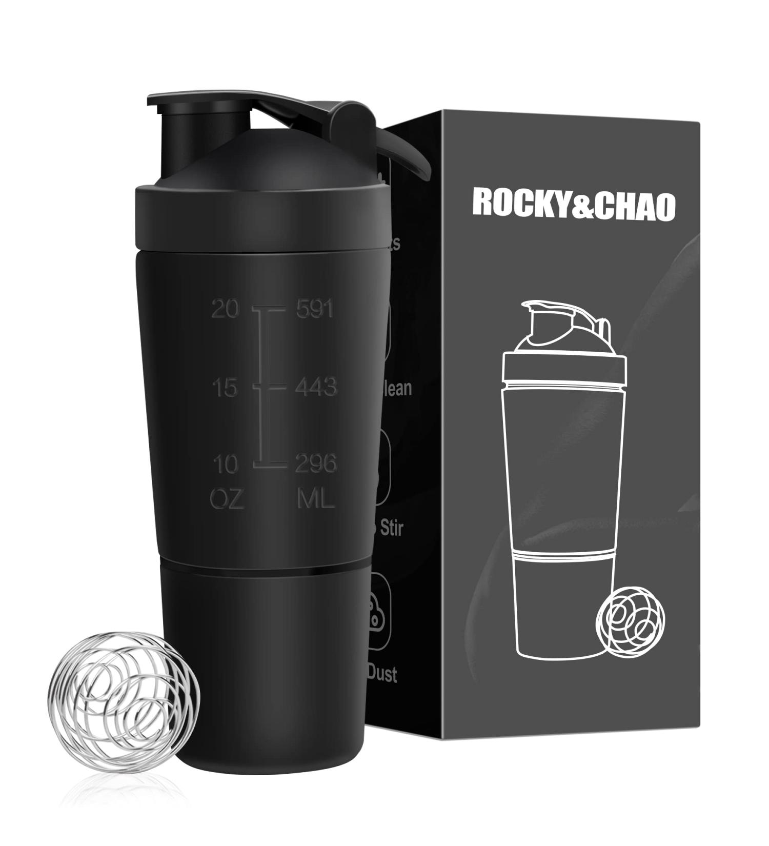 Protein Shaker Bottle 700ML with Mixball & Protein Compartment 200ML Premium Stainless Steel Protein Shaker Leak-Proof Metal Shaker BPA Free Fitness Bottle Shaker for Men and Women Slim Fast Black Protein Shaker With Storage | Black - Buy Online on SooperMarket.com