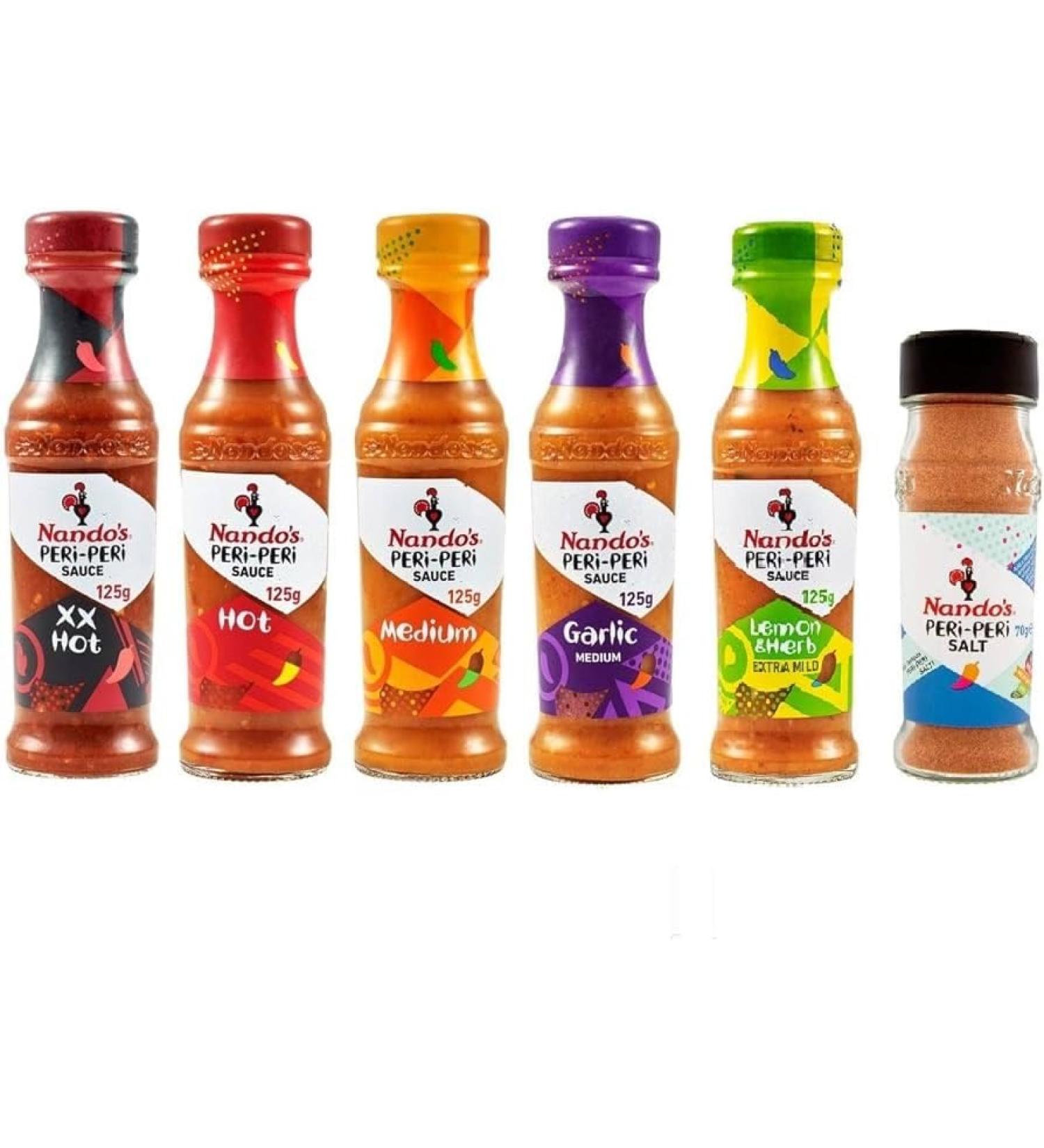 Peri-Peri Salt - 70g & 5 Assorted Multi-Flavours Nando's Sauce 125g (Pack of 6) | Authentic Portuguese Flavors to Spice Up Your Meals | Hot and Spicy Condiments - Buy Online on SooperMarket.com